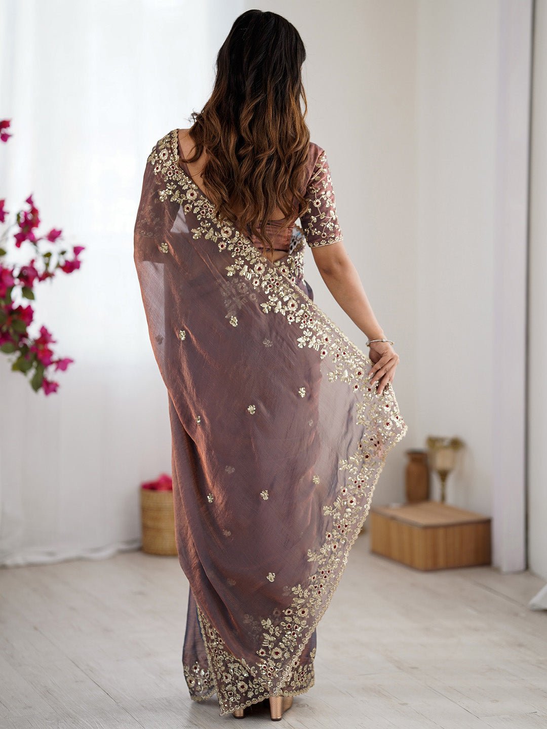 Metalic Chiffon Emblished Party Wear Saree - Ressa