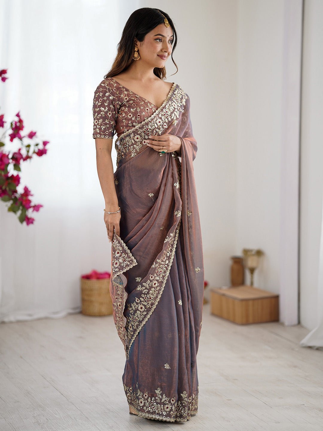 Metalic Chiffon Emblished Party Wear Saree - Ressa