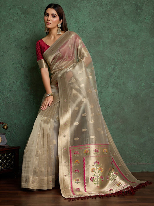 Metalic Gold Tissue Silk Floral Saree - Ressa