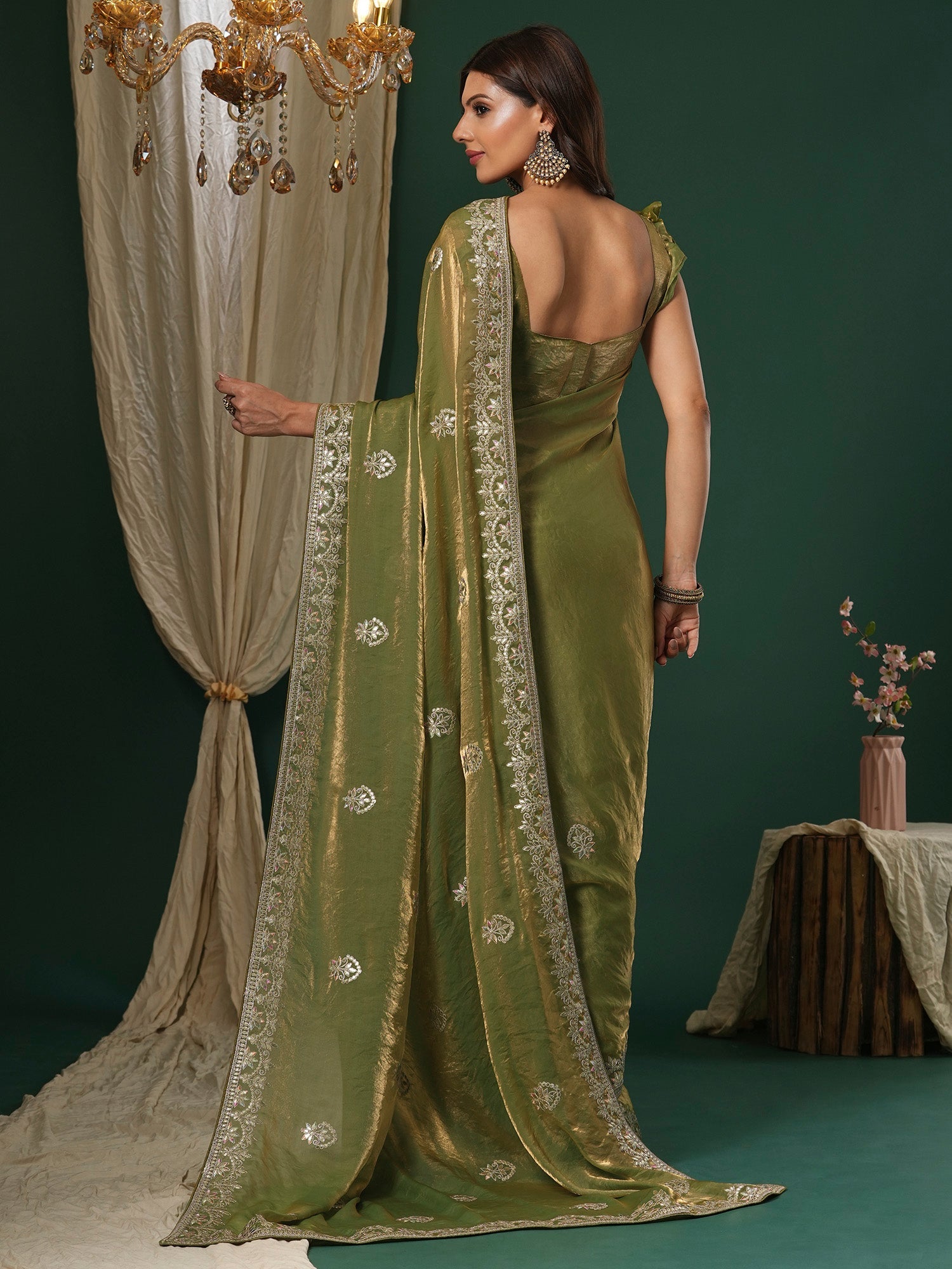 Metalic Green Satin Silk Embroidery Saree - Ressa