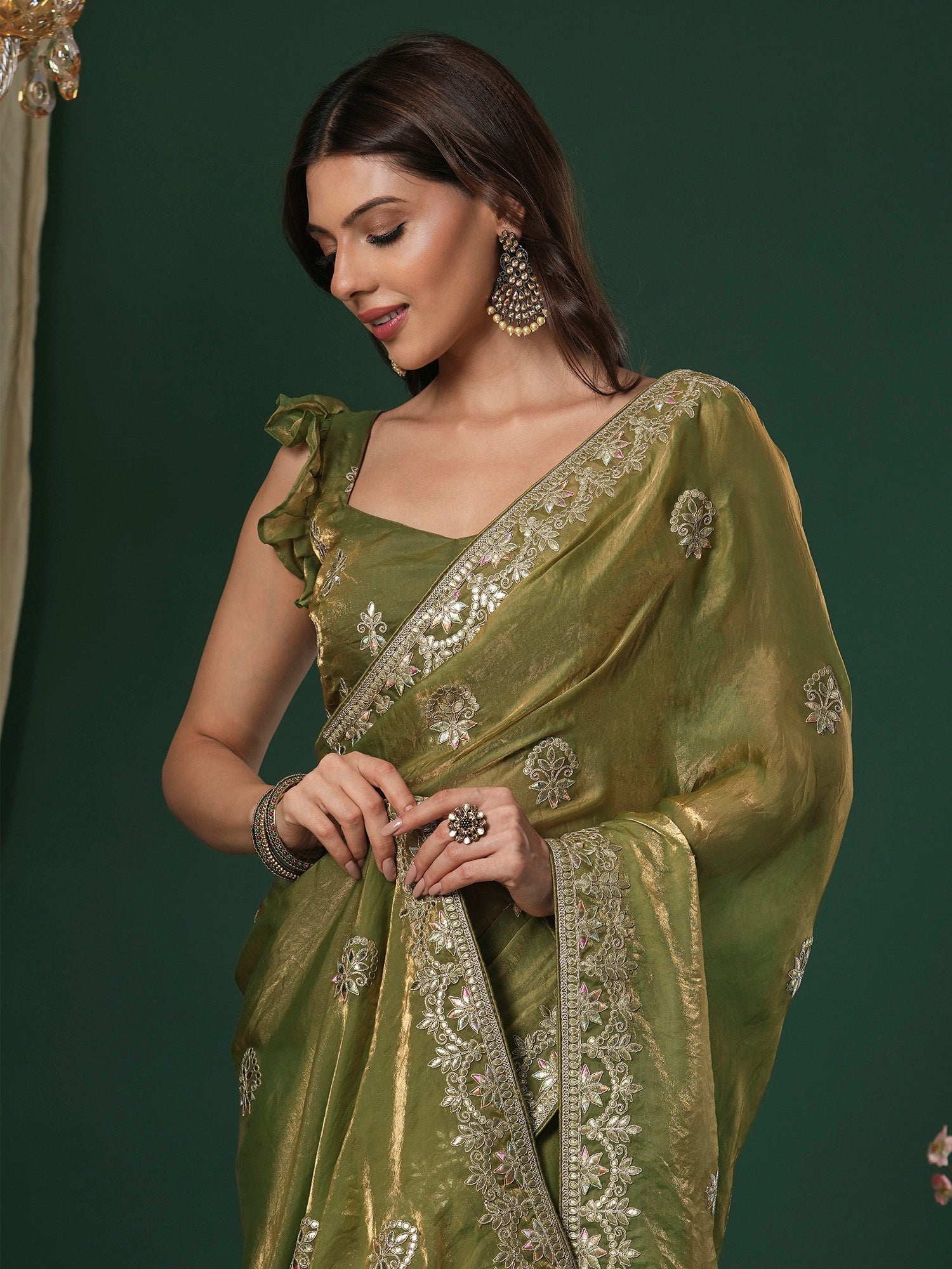 Metalic Green Satin Silk Embroidery Saree - Ressa