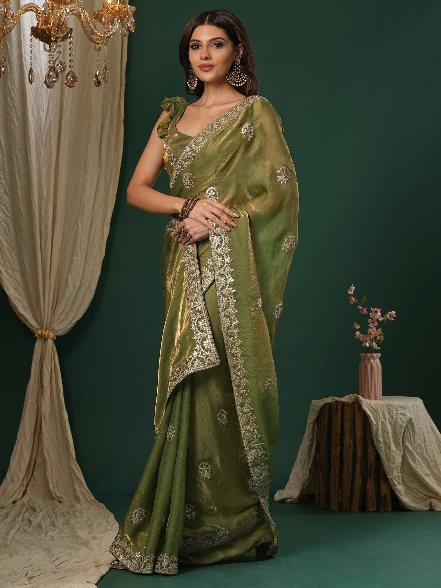Metalic Green Satin Silk Embroidery Saree - Ressa