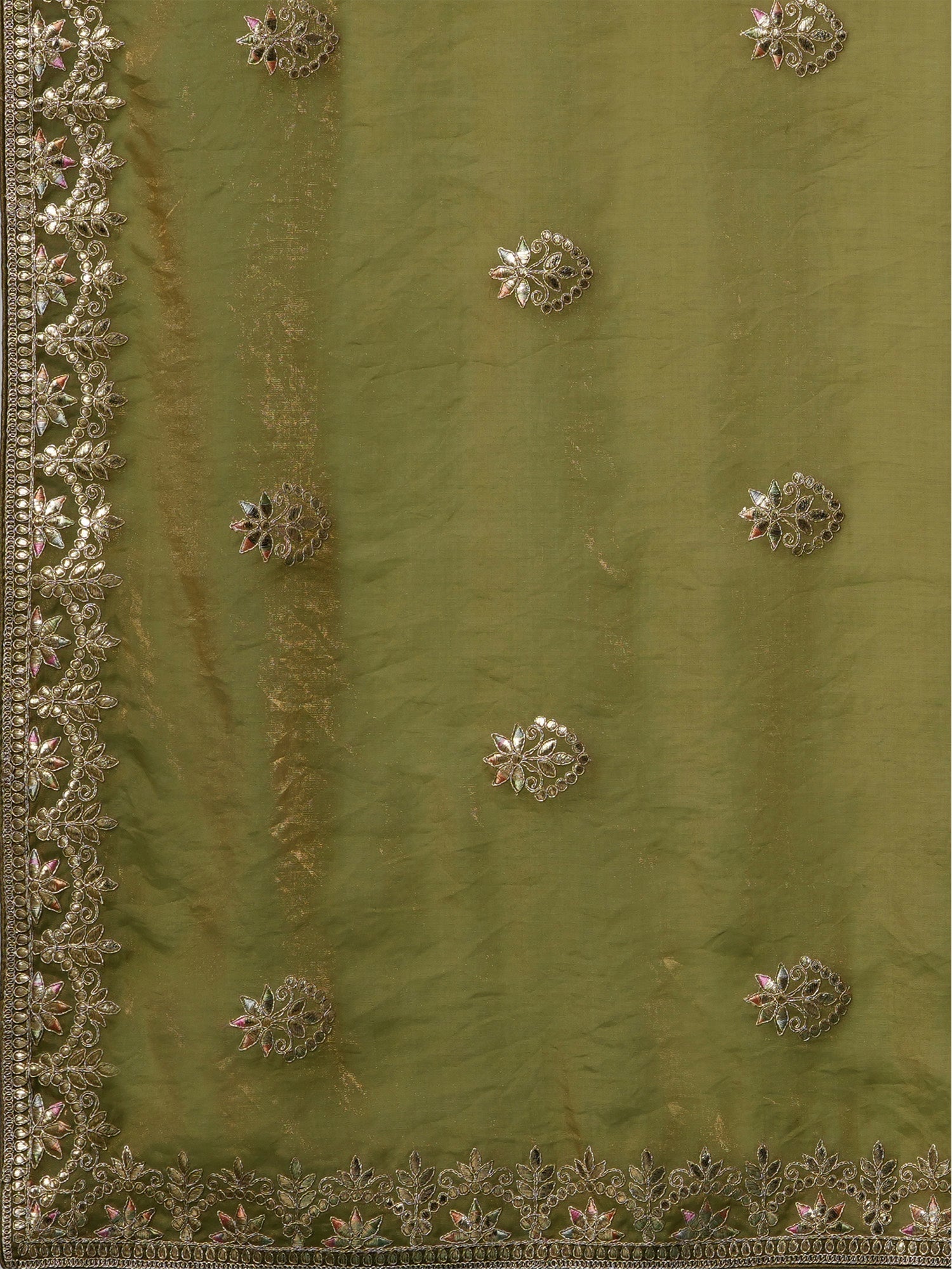 Metalic Green Satin Silk Embroidery Saree - Ressa