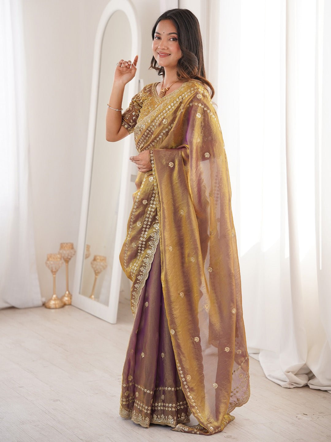 Metalic Satin Emblished Party Wear Saree - Ressa