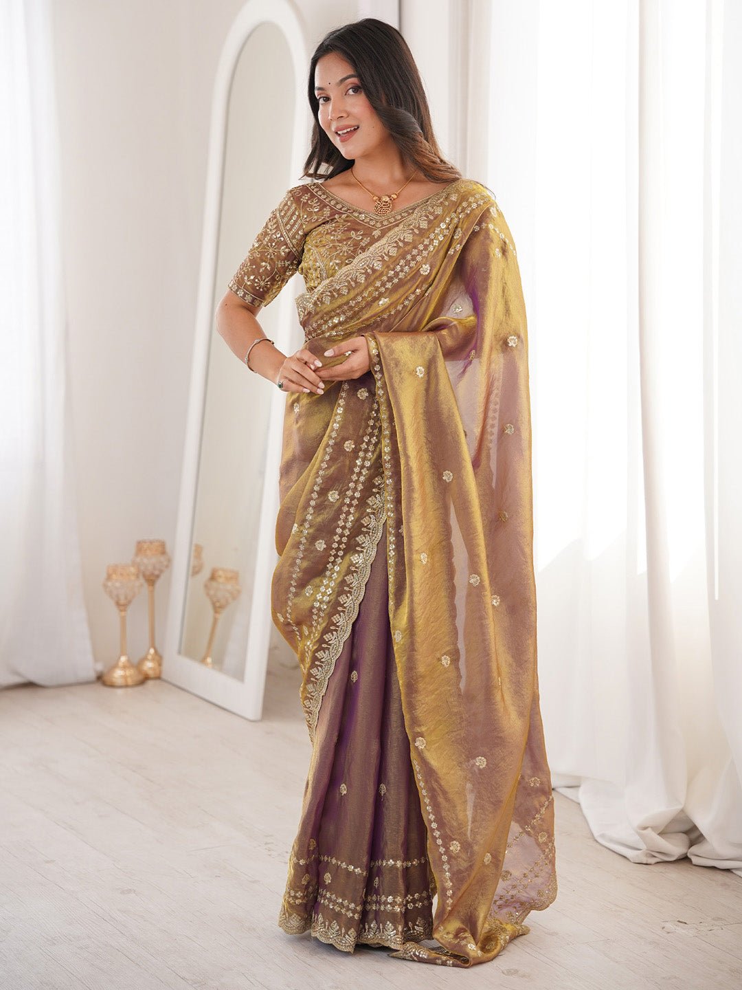 Metalic Satin Emblished Party Wear Saree - Ressa