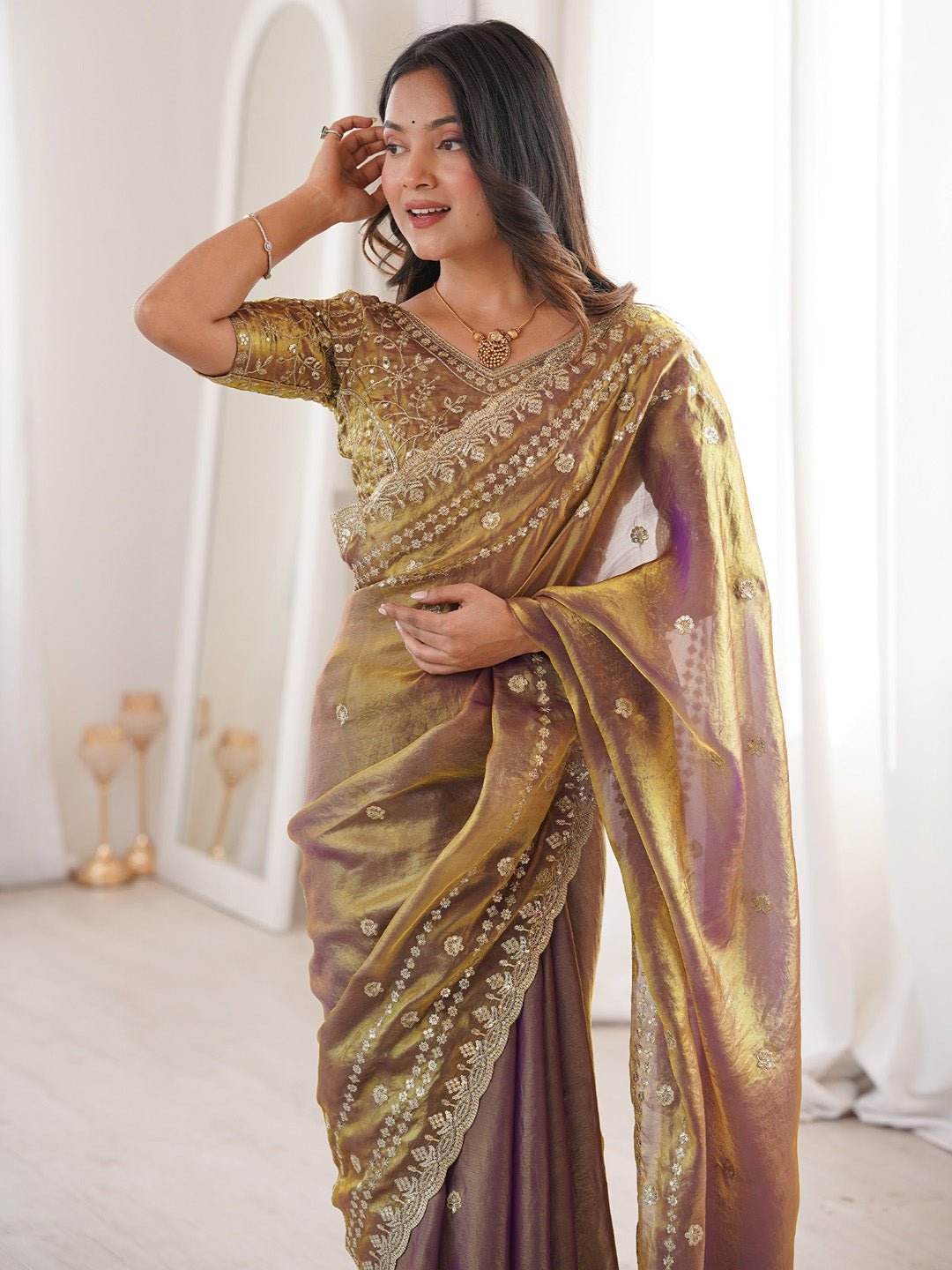 Metalic Satin Emblished Party Wear Saree - Ressa