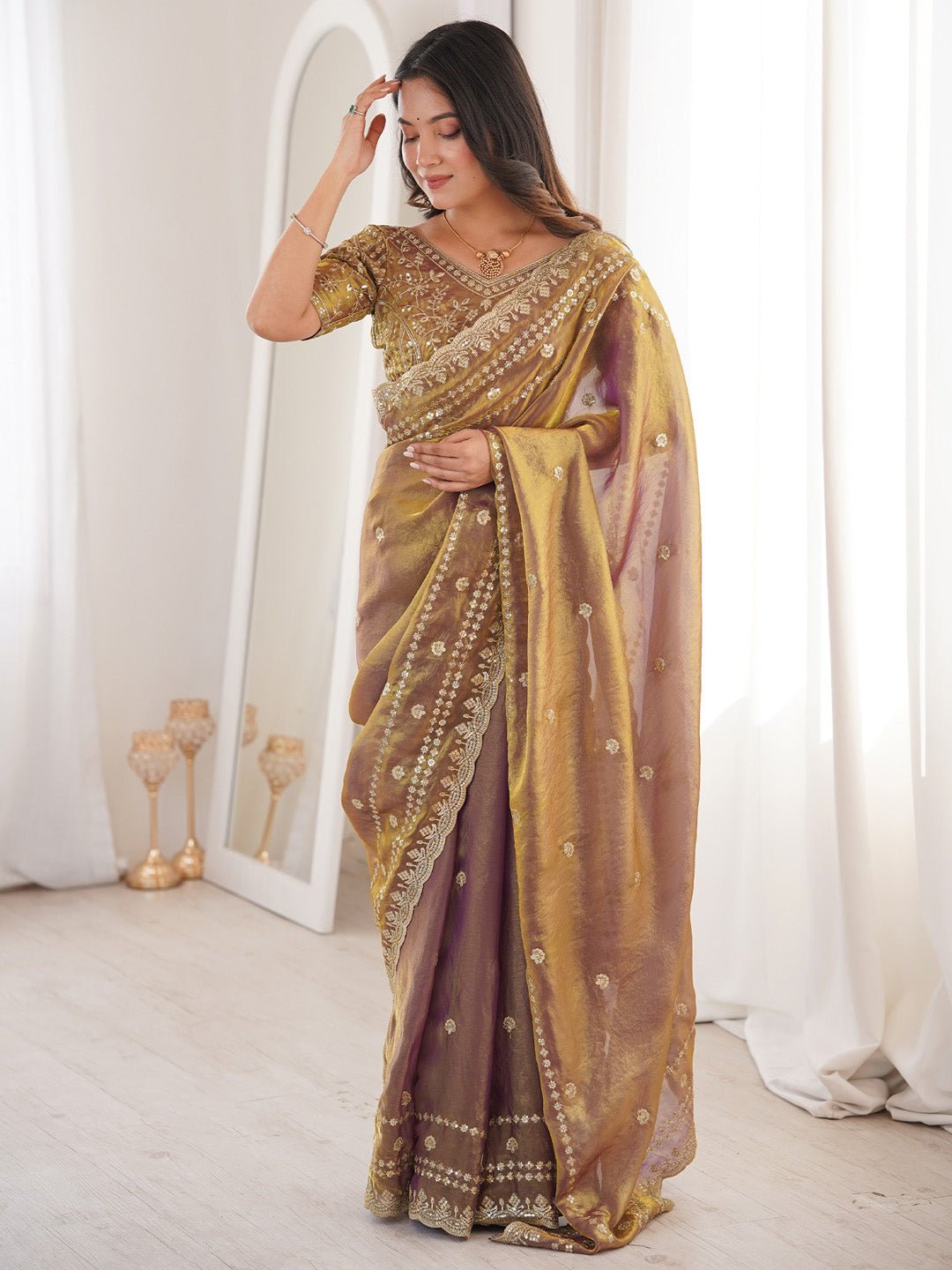 Metalic Satin Emblished Party Wear Saree - Ressa