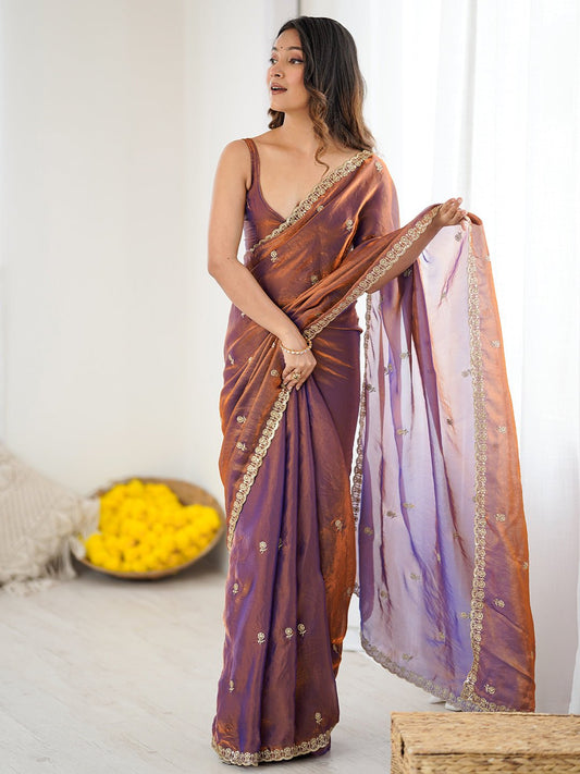 Metalic Satin Emblished Party Wear Saree - Ressa