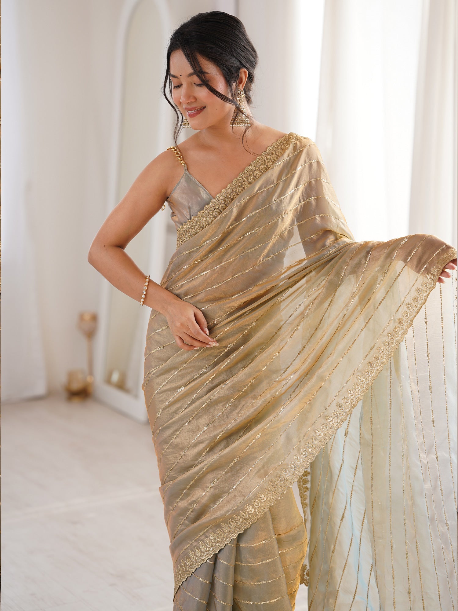 Metallic Beige & Gold Saree - Ressa