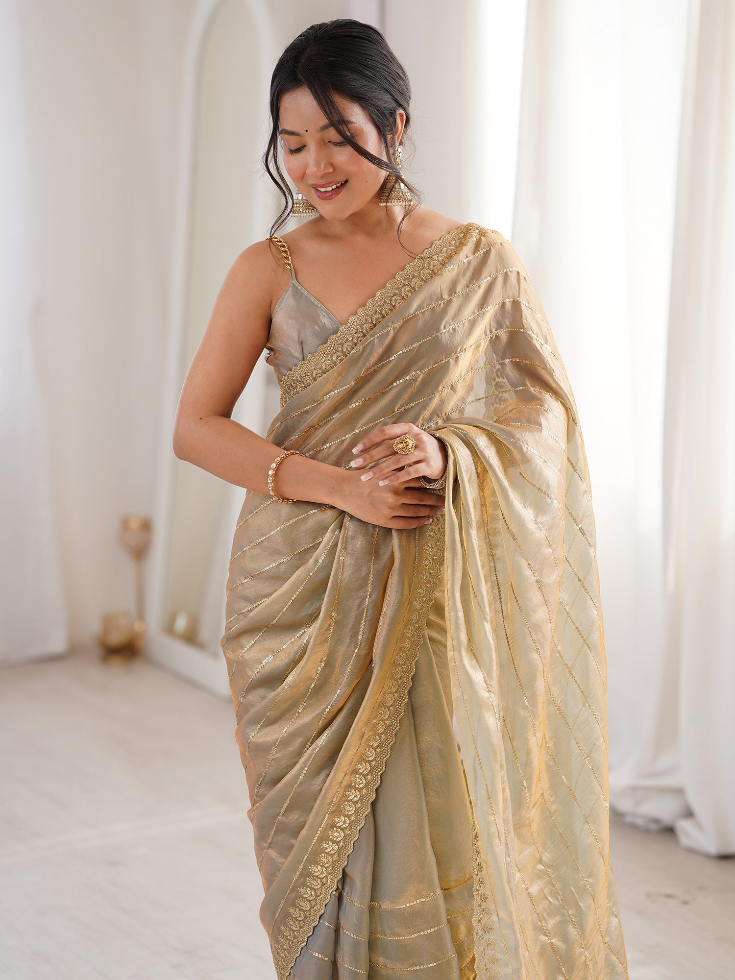 Metallic Beige & Gold Saree - Ressa