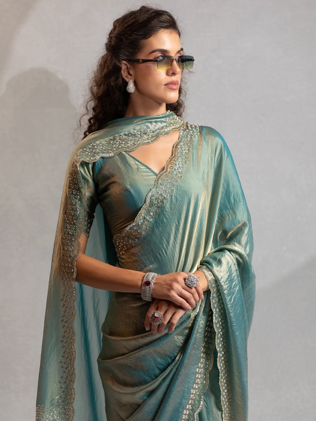 Metallic Blue Satin Silk Scalloped Saree - Ressa
