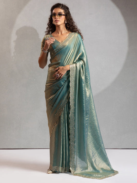 Metallic Blue Satin Silk Scalloped Saree - Ressa