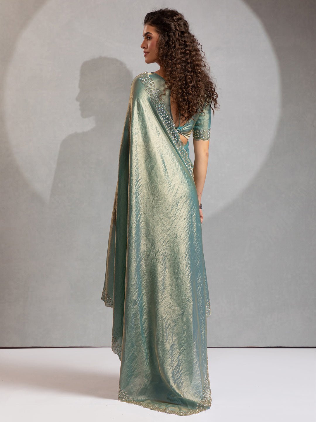 Metallic Blue Satin Silk Scalloped Saree - Ressa