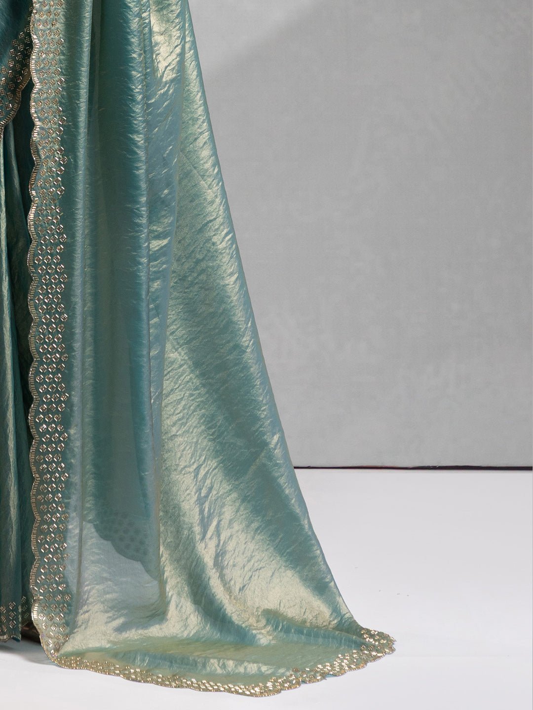 Metallic Blue Satin Silk Scalloped Saree - Ressa