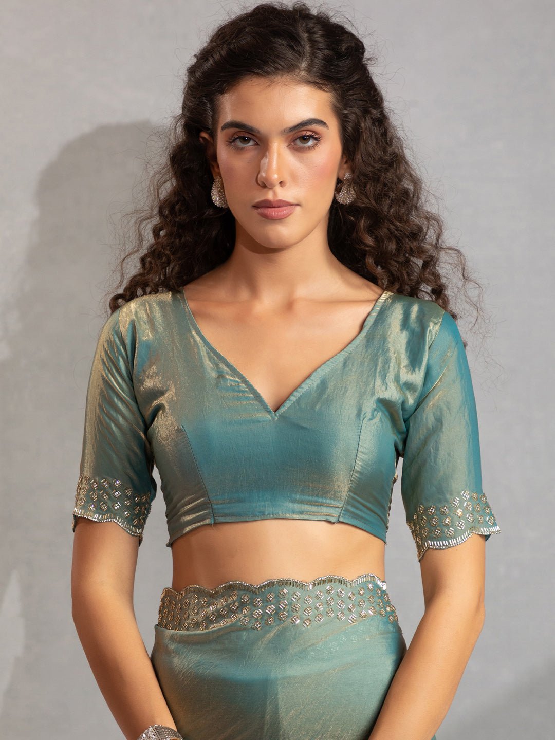 Metallic Blue Satin Silk Scalloped Saree - Ressa