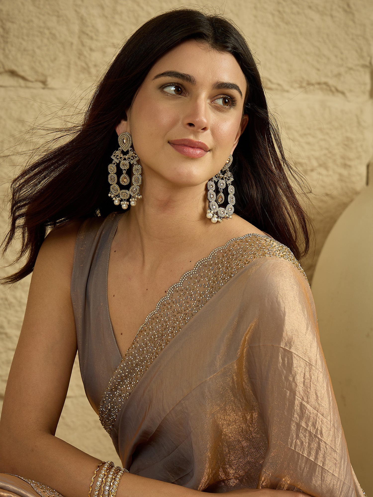 Metallic Champagne Shimmer Saree with Sequined Border - Ressa