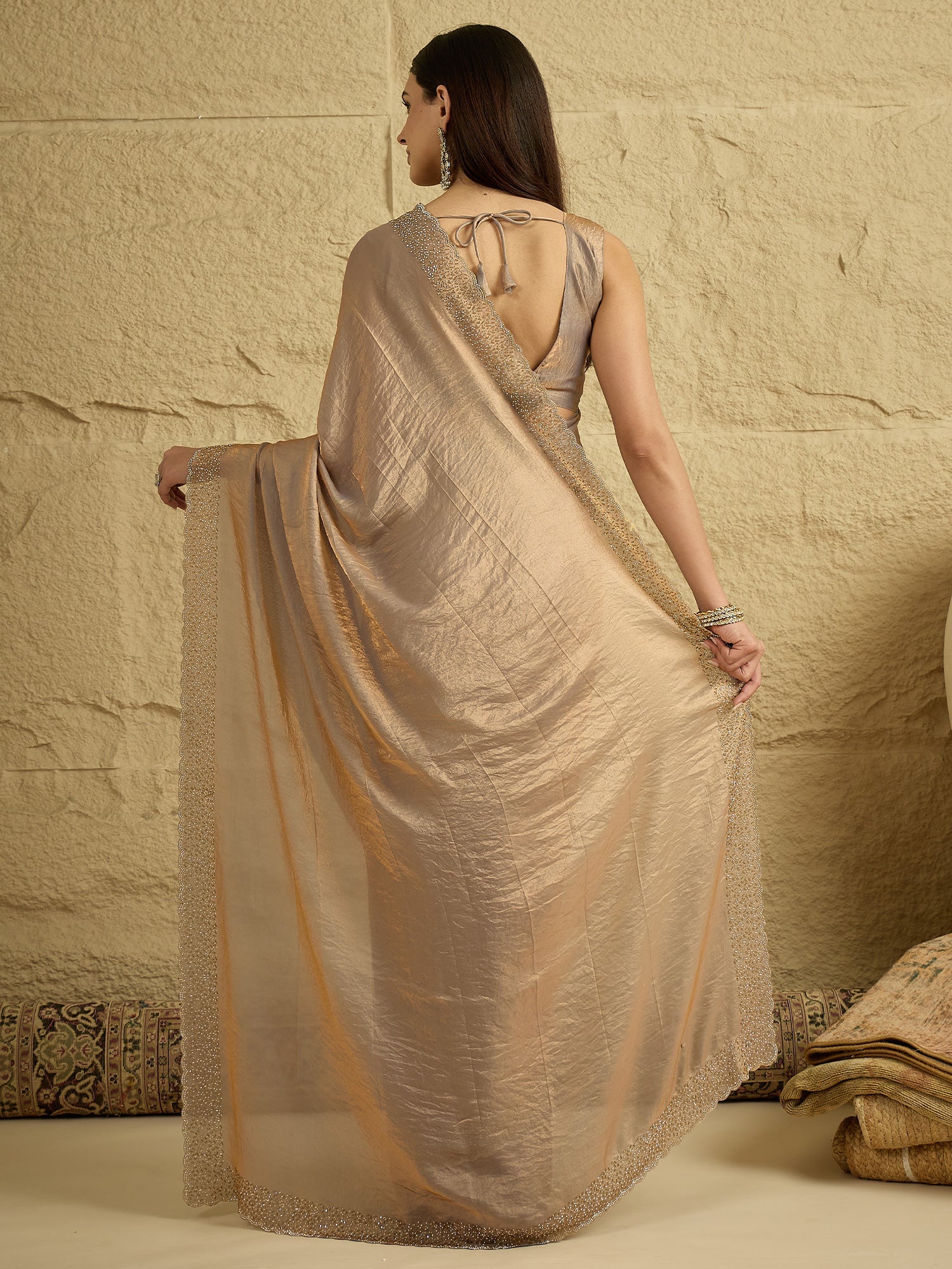 Metallic Champagne Shimmer Saree with Sequined Border - Ressa