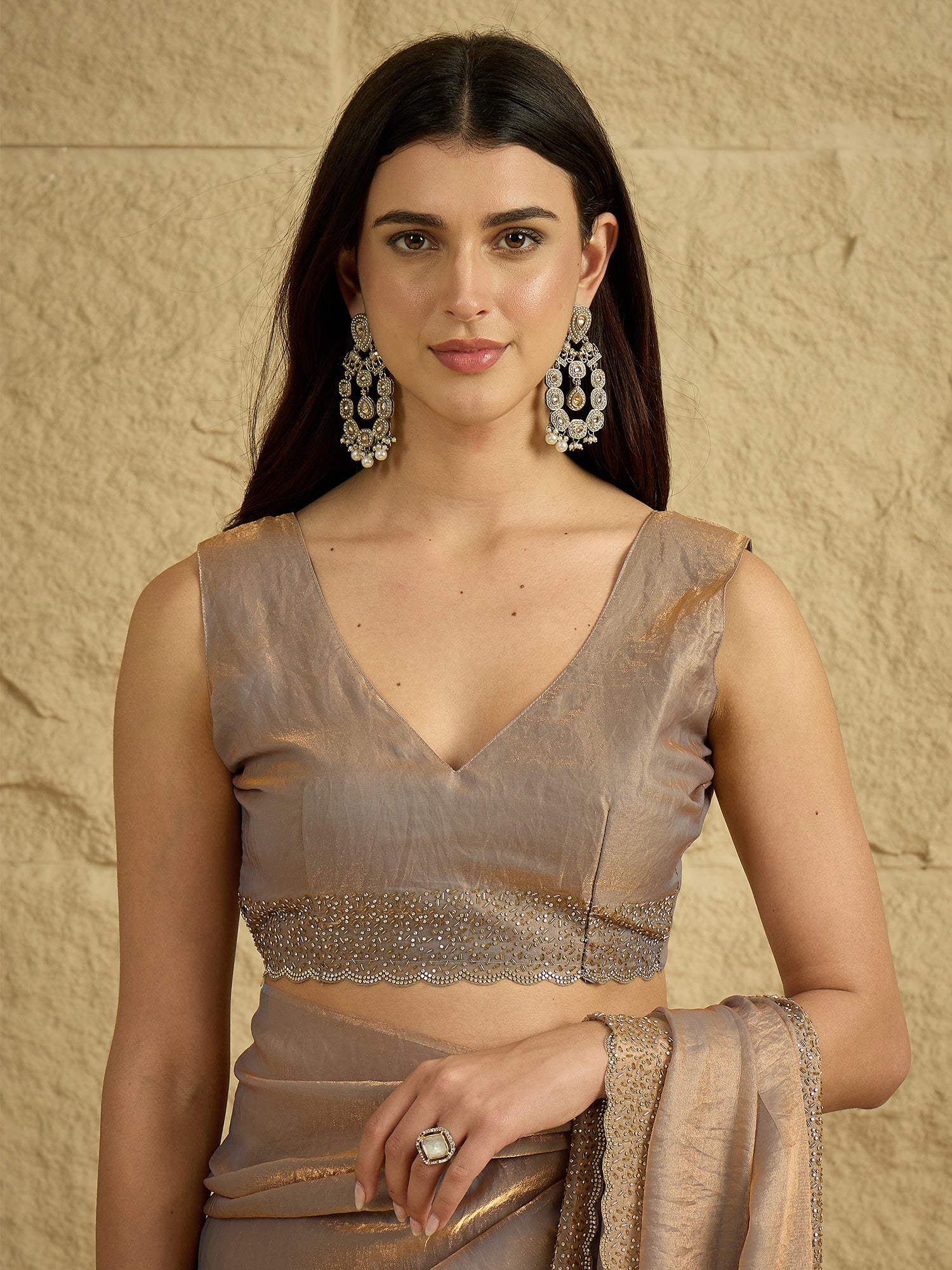 Metallic Champagne Shimmer Saree with Sequined Border - Ressa