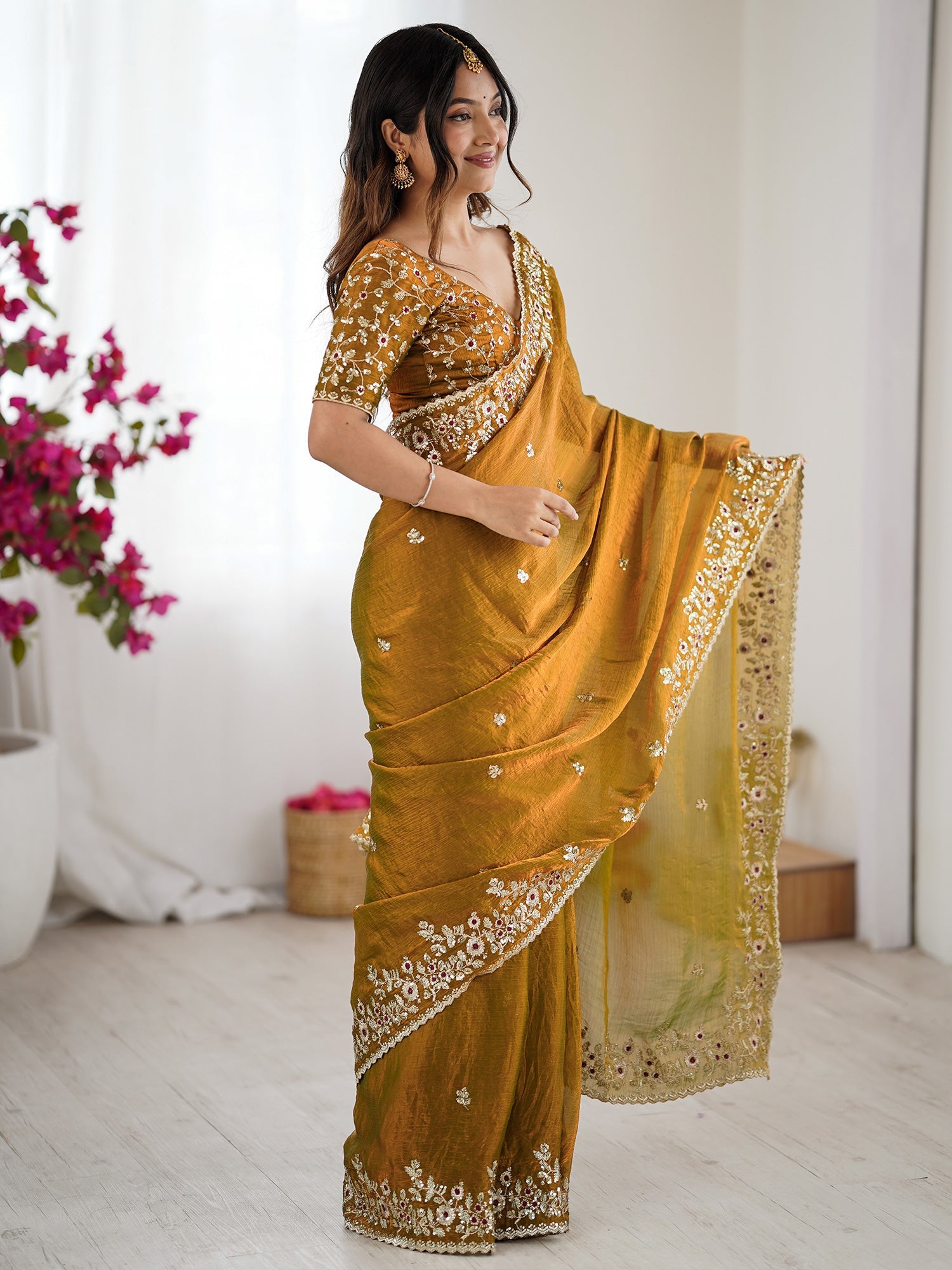 Metallic Gold Chiffon Saree - Ressa