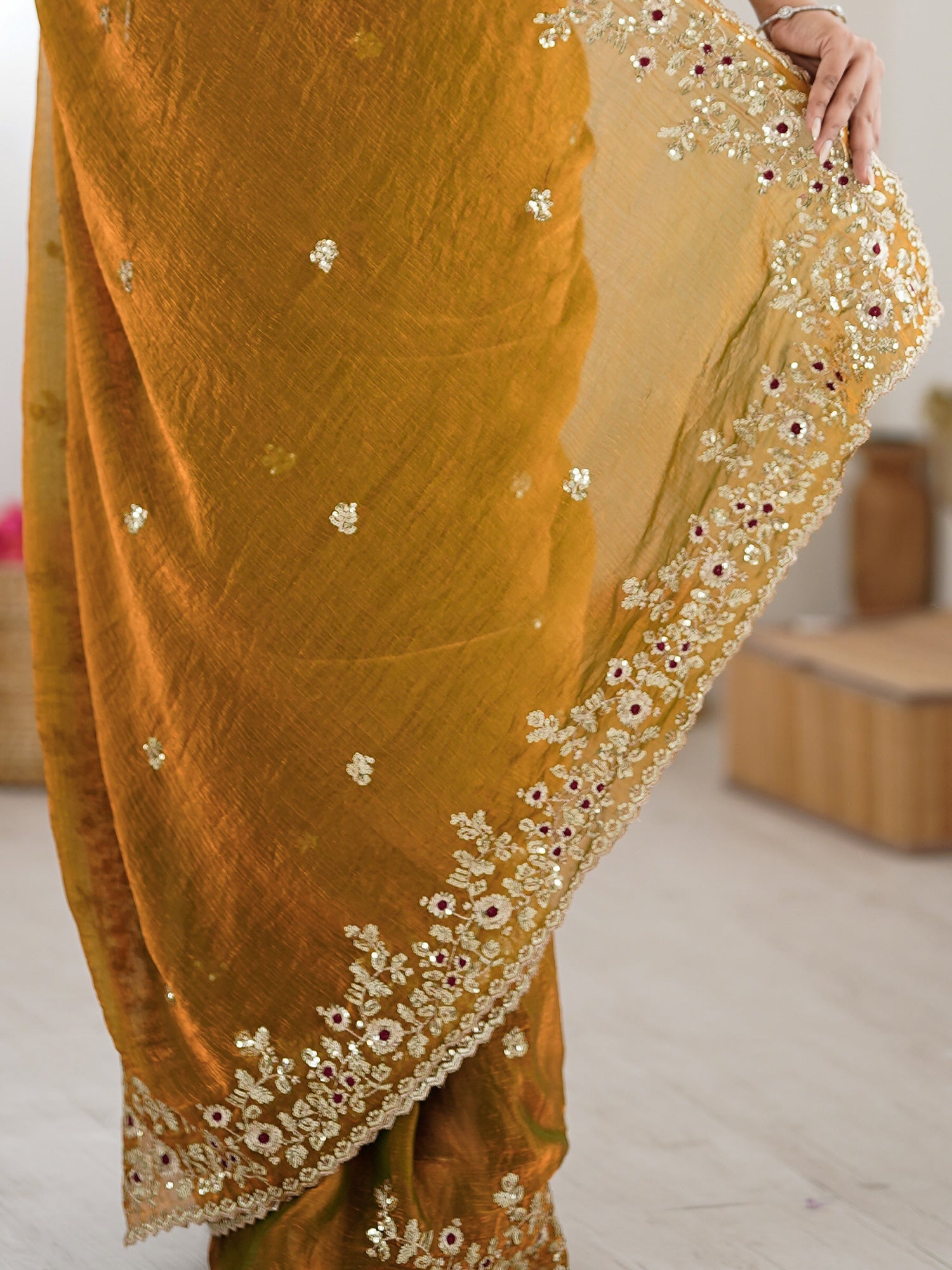 Metallic Gold Chiffon Saree - Ressa