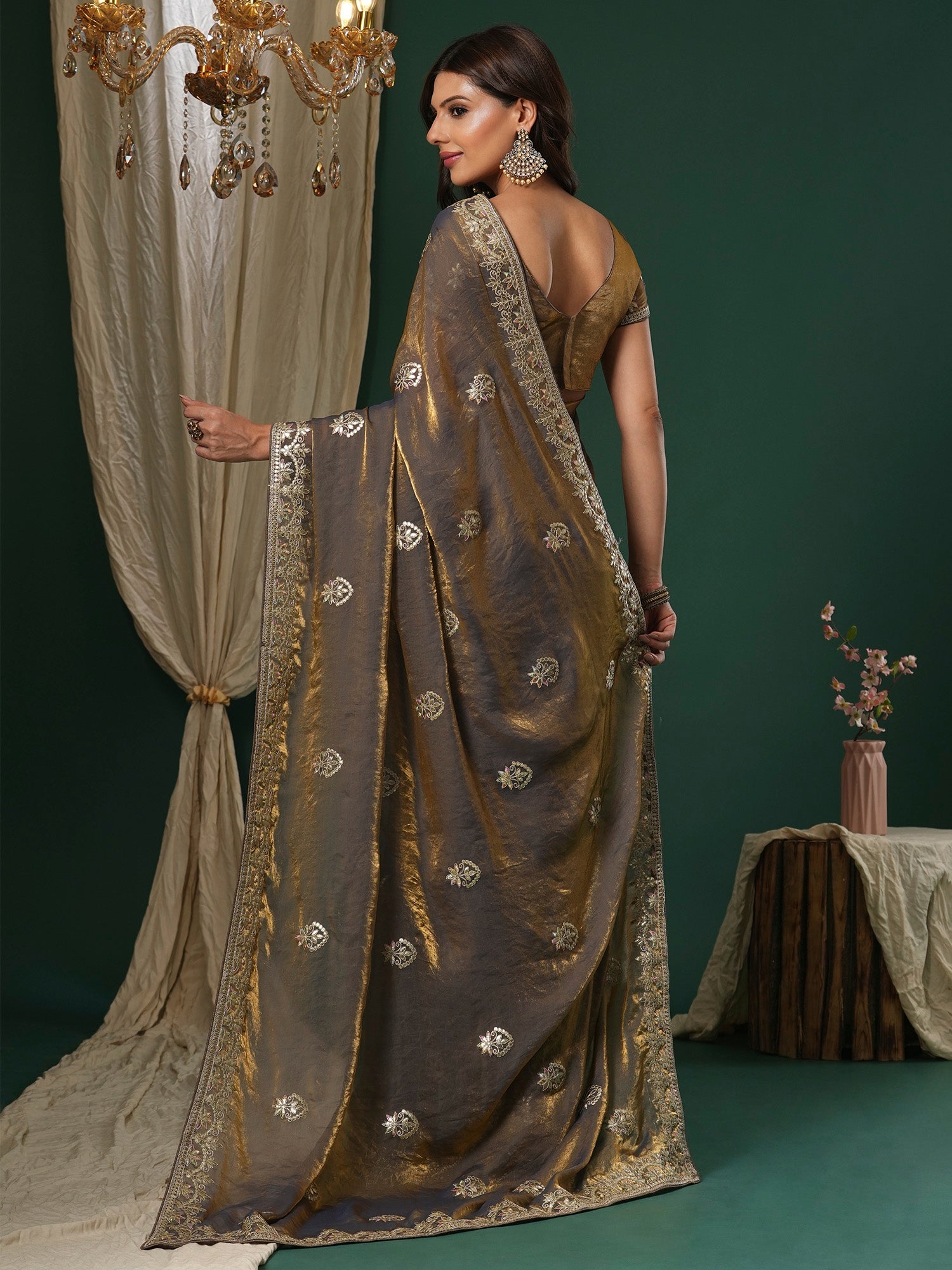 Metallic Gold Tissue Silk Floral Zari Embroidery Saree - Ressa