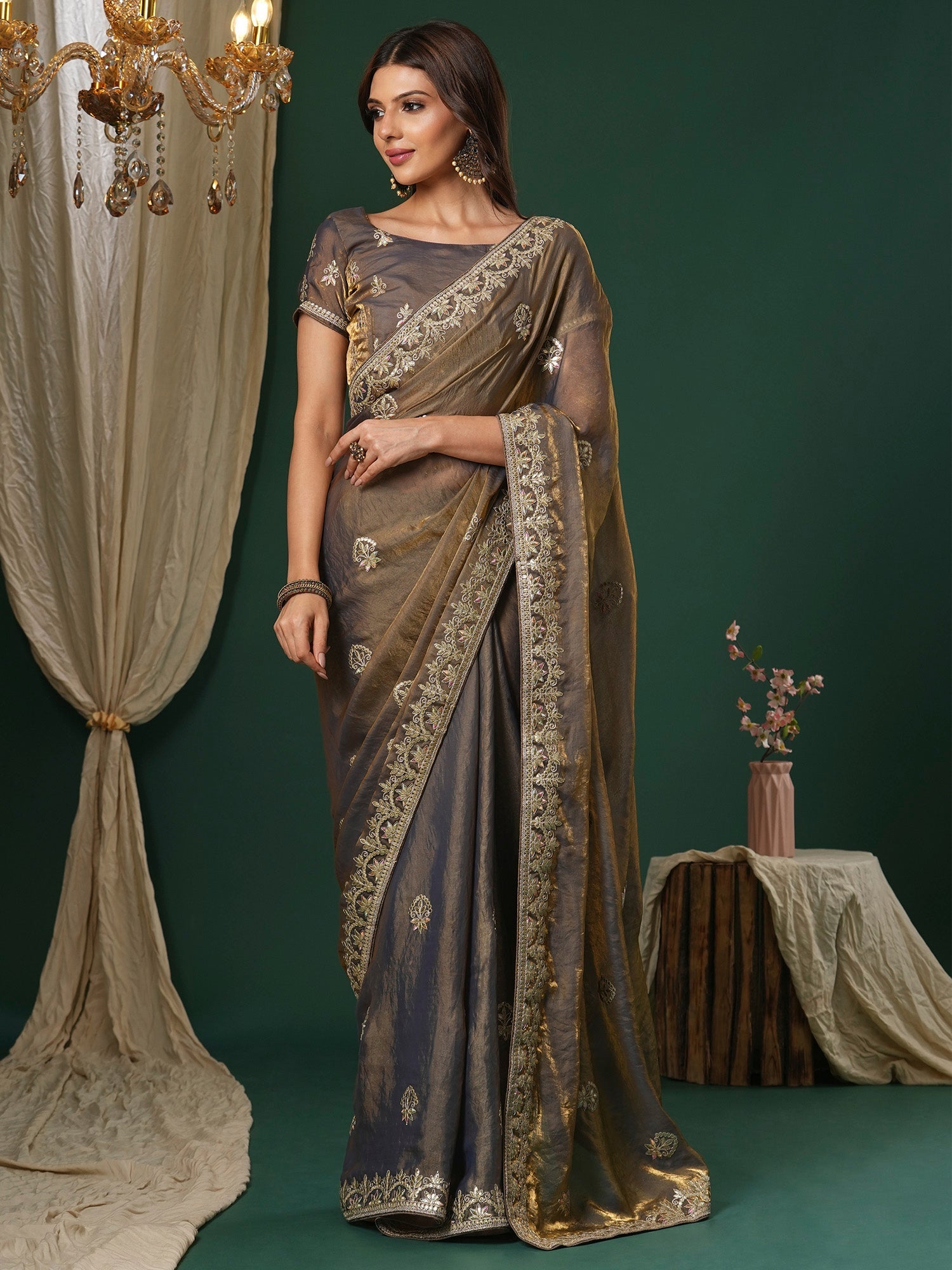 Metallic Gold Tissue Silk Floral Zari Embroidery Saree - Ressa