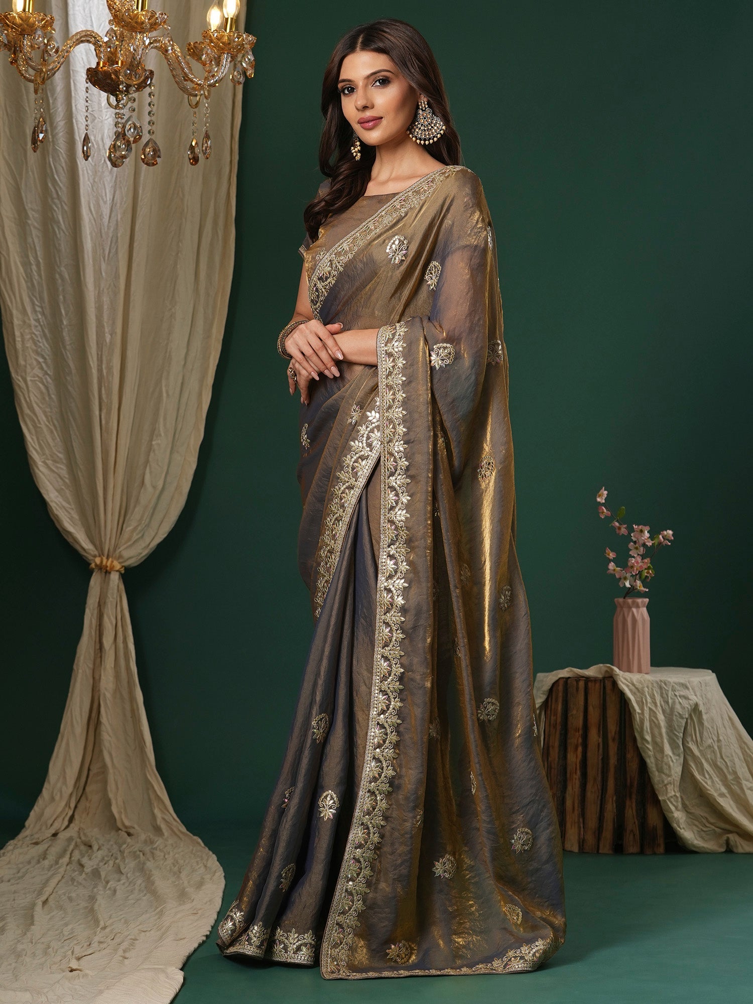Metallic Gold Tissue Silk Floral Zari Embroidery Saree - Ressa