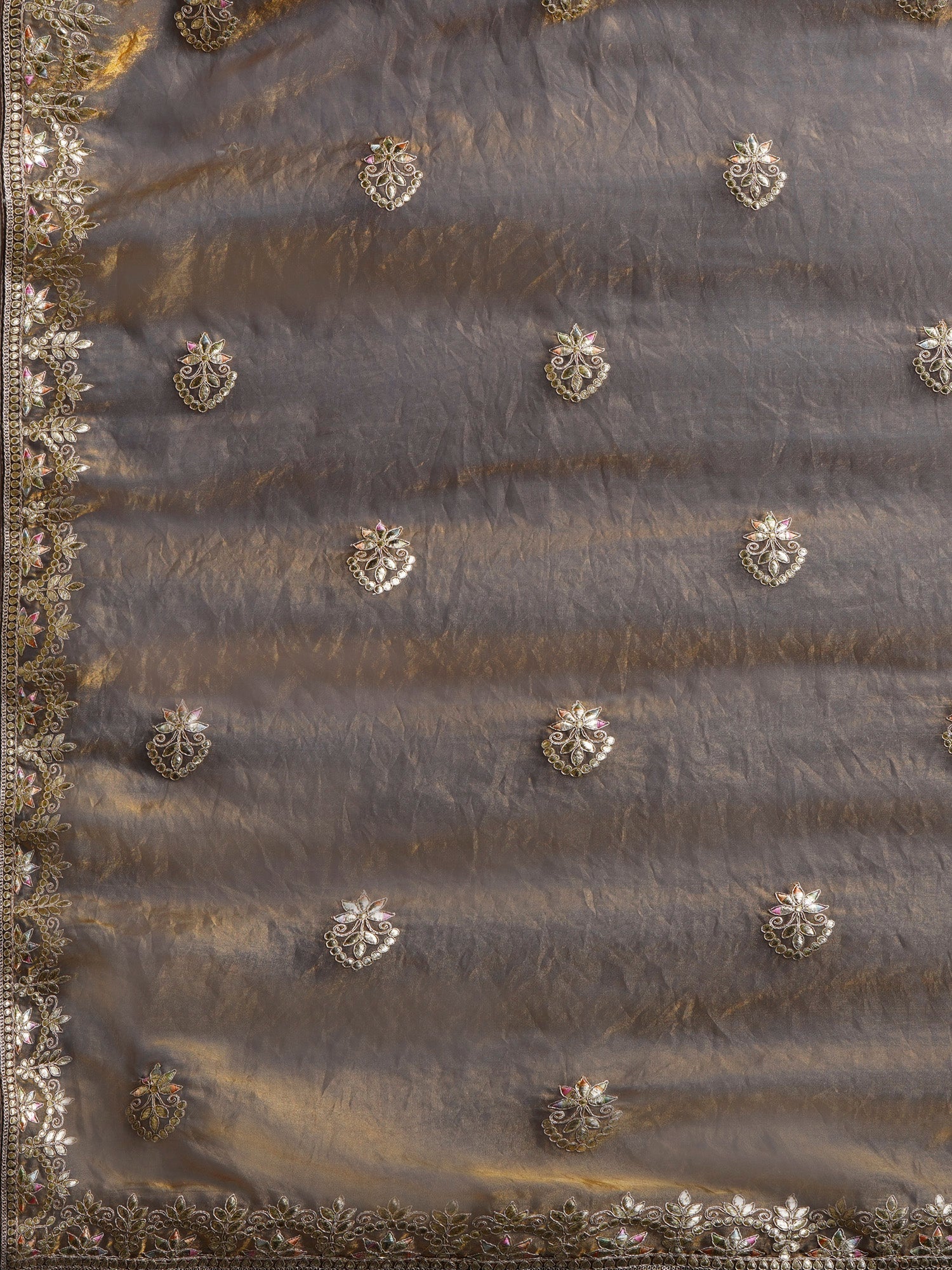 Metallic Gold Tissue Silk Floral Zari Embroidery Saree - Ressa