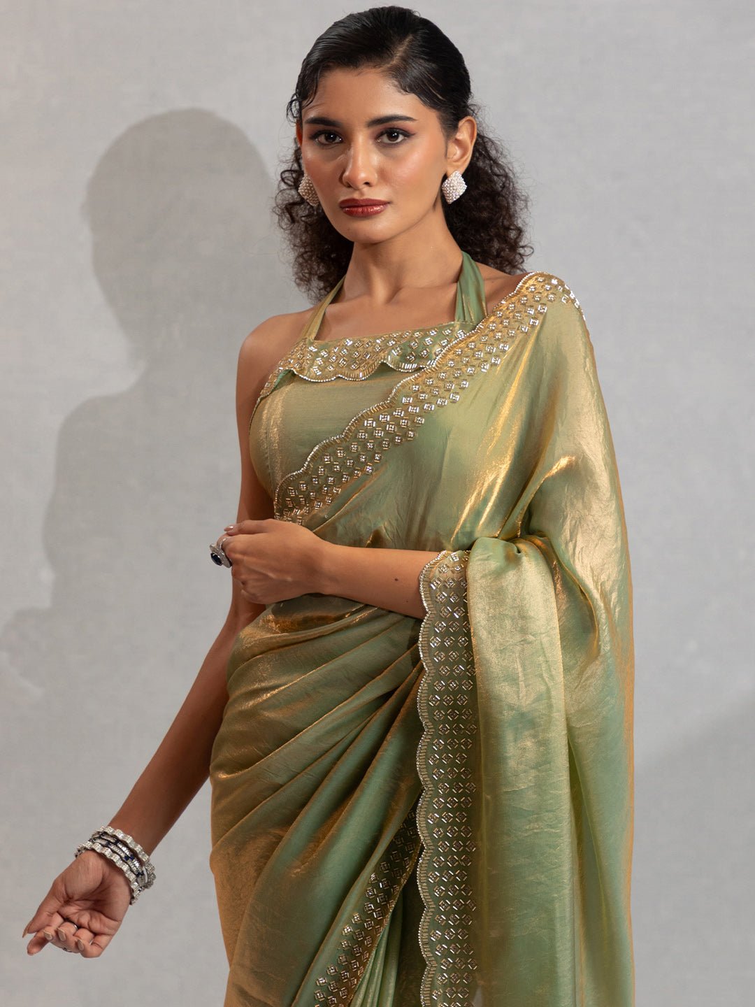 Metallic Green Satin Silk Scalloped Saree - Ressa