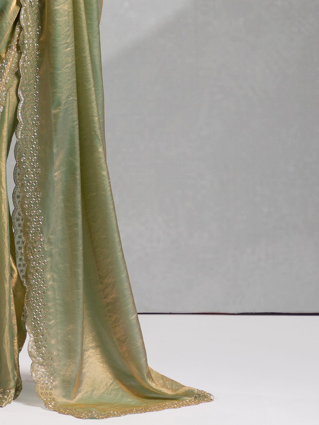 Metallic Green Satin Silk Scalloped Saree - Ressa