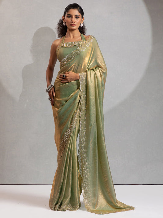 Metallic Green Satin Silk Scalloped Saree - Ressa