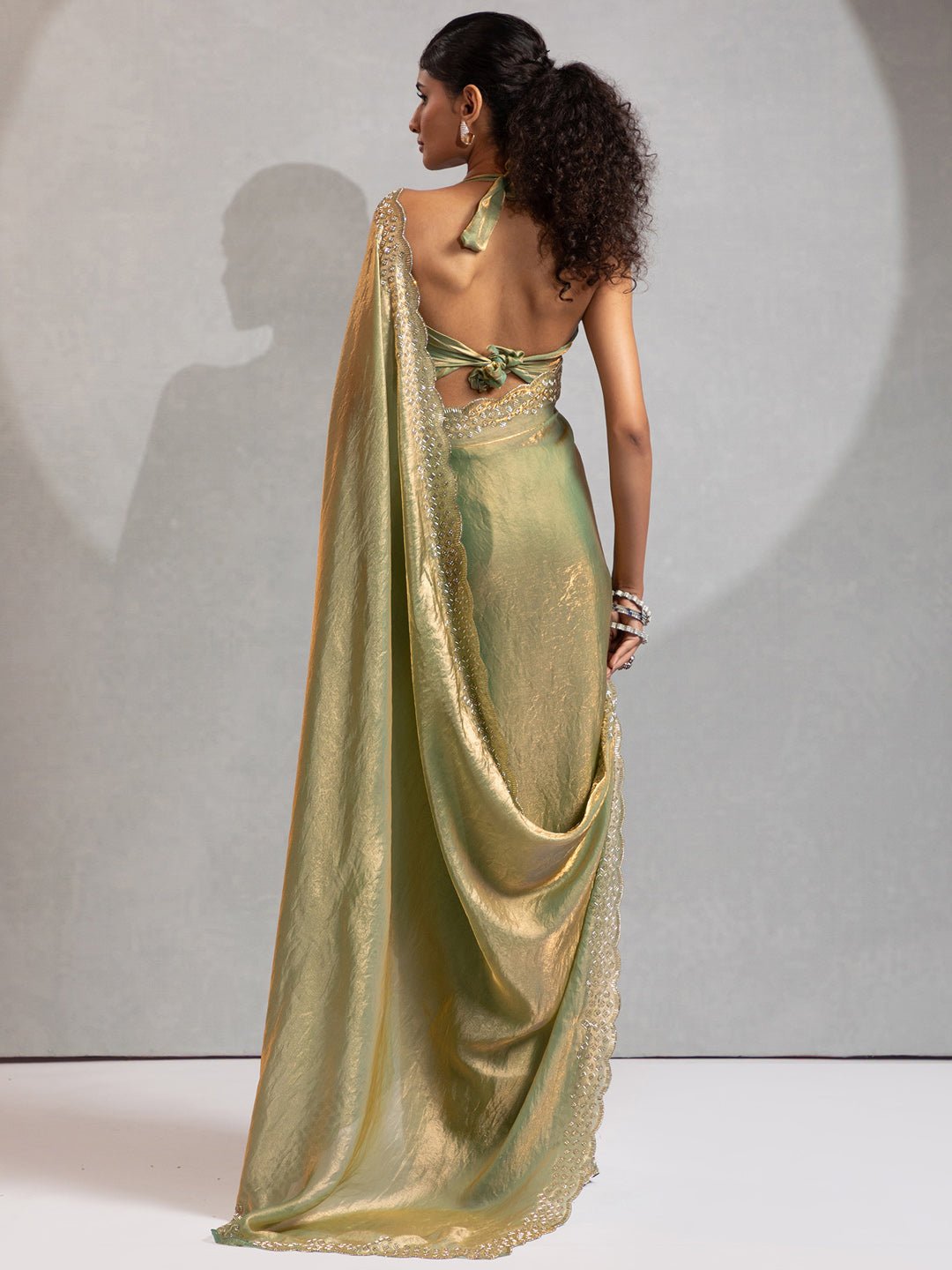 Metallic Green Satin Silk Scalloped Saree - Ressa