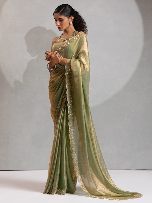 Metallic Green Satin Silk Scalloped Saree - Ressa
