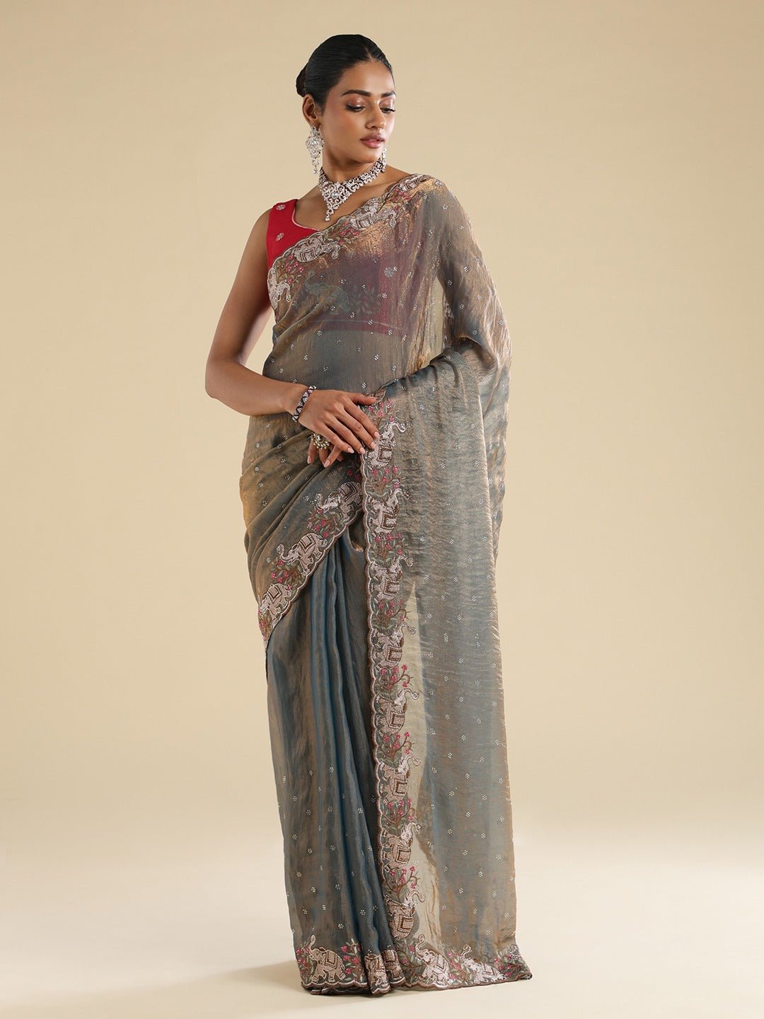 Metallic Grey Rose Gold Satin Dupion Silk Saree - Ressa
