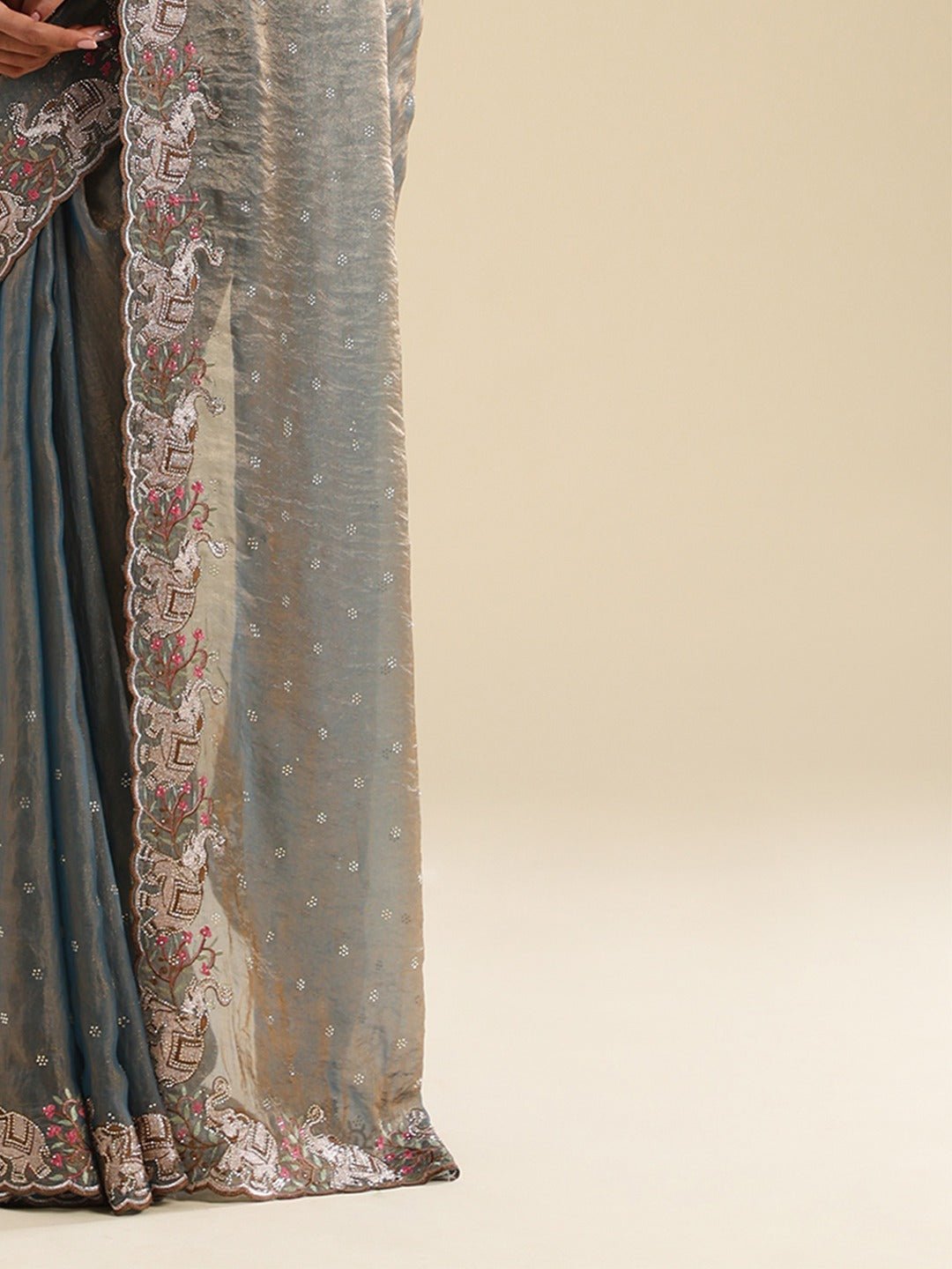 Metallic Grey Rose Gold Satin Dupion Silk Saree - Ressa