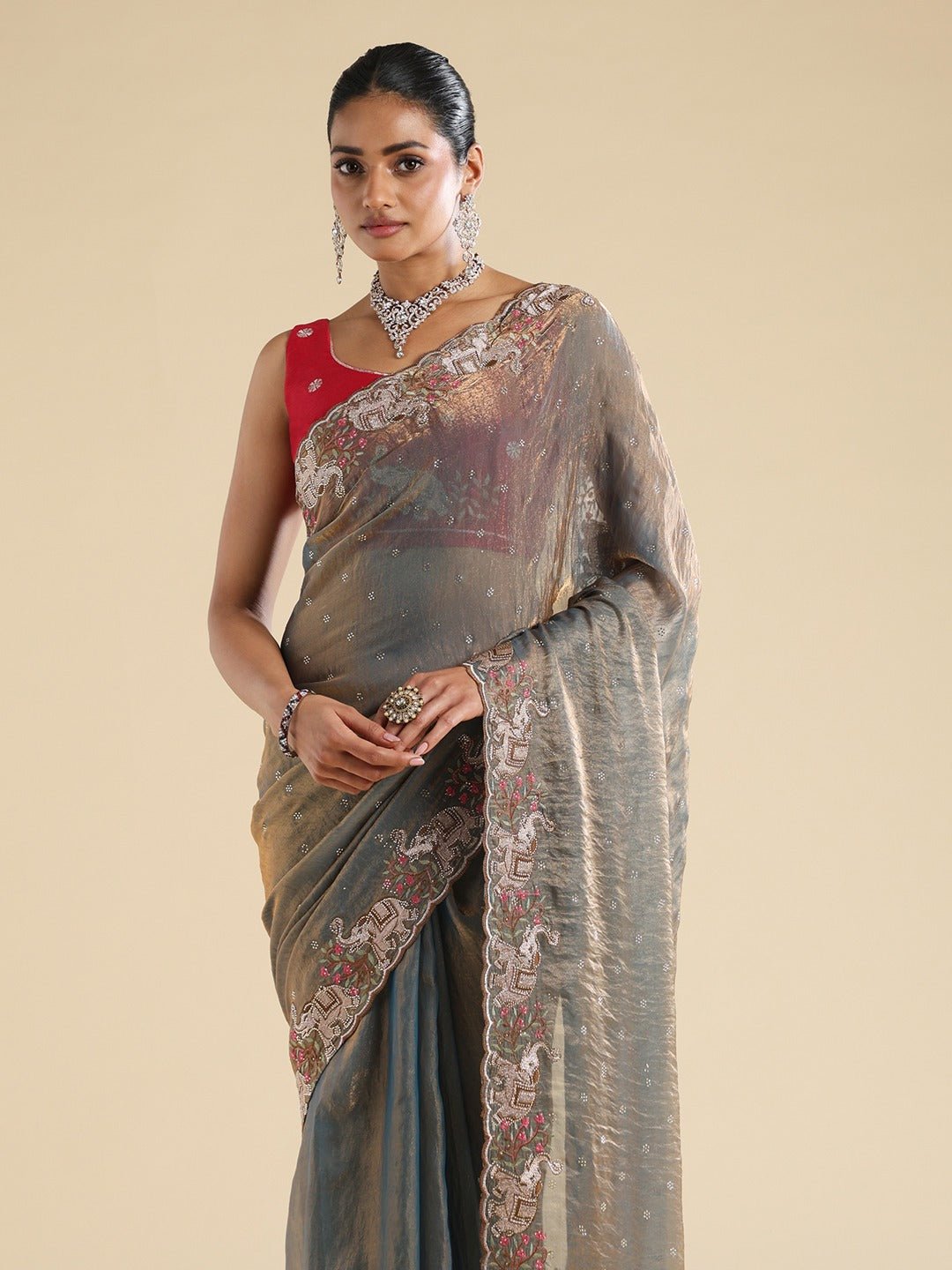 Metallic Grey Rose Gold Satin Dupion Silk Saree - Ressa