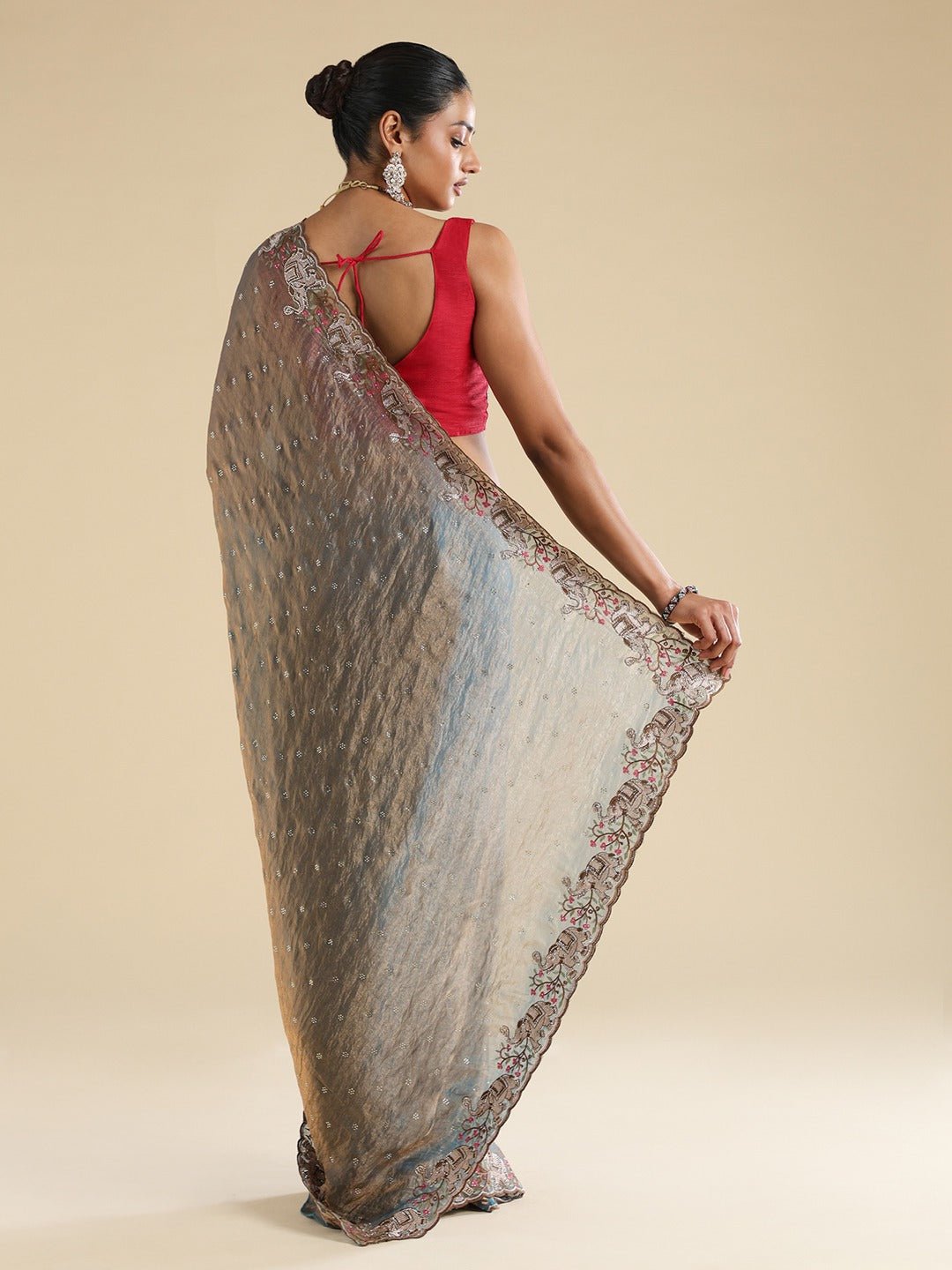 Metallic Grey Rose Gold Satin Dupion Silk Saree - Ressa