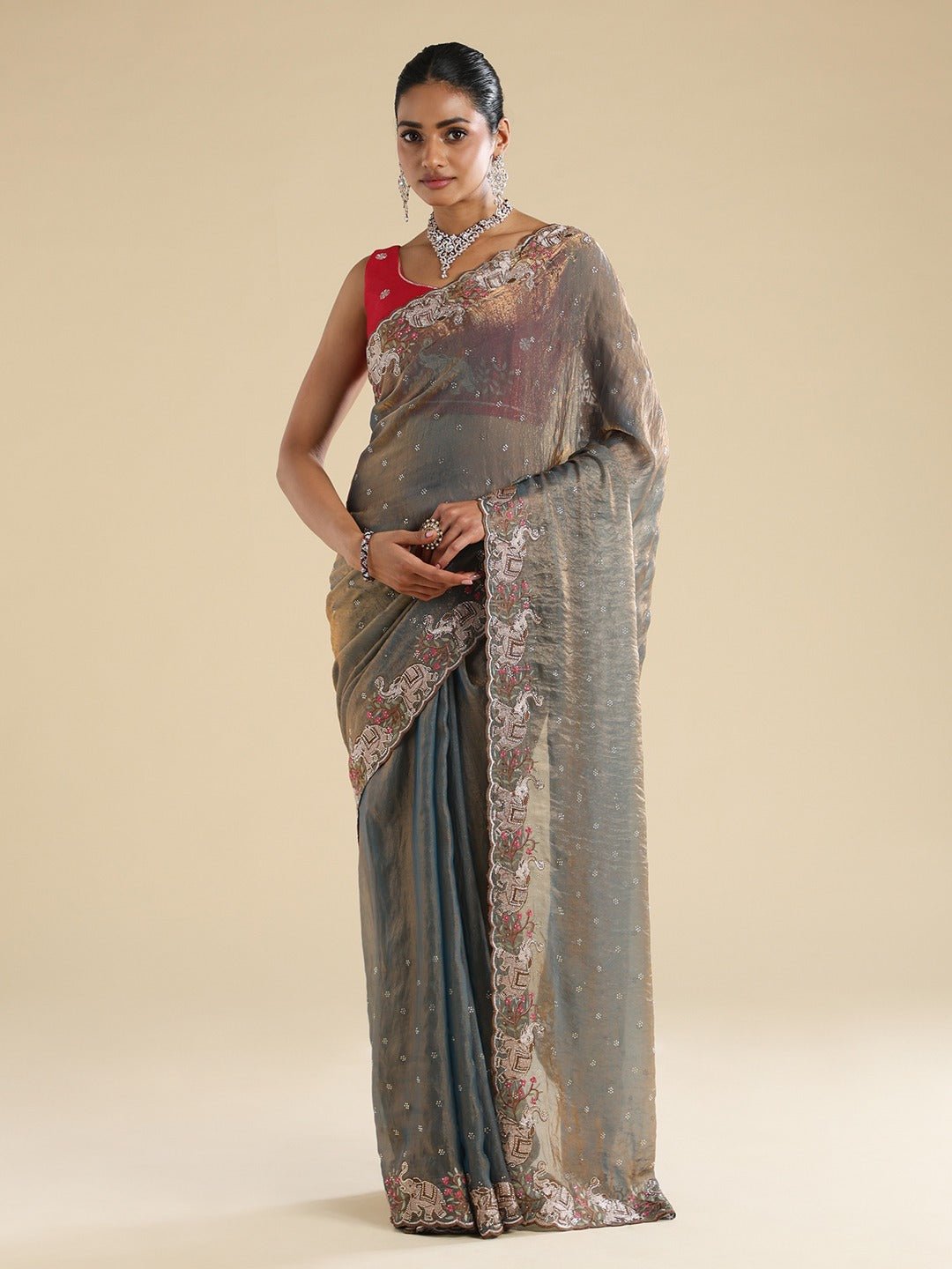 Metallic Grey Rose Gold Satin Dupion Silk Saree - Ressa