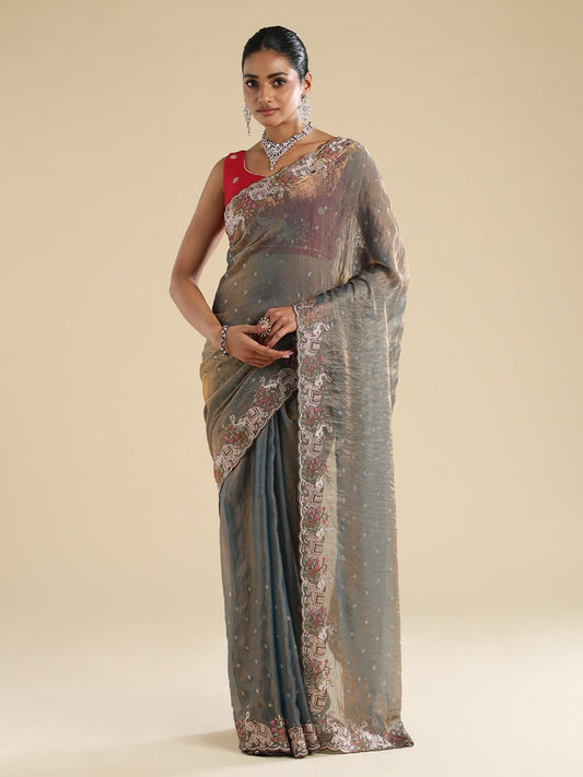 Metallic Grey Rose Gold Satin Dupion Silk Saree - Ressa
