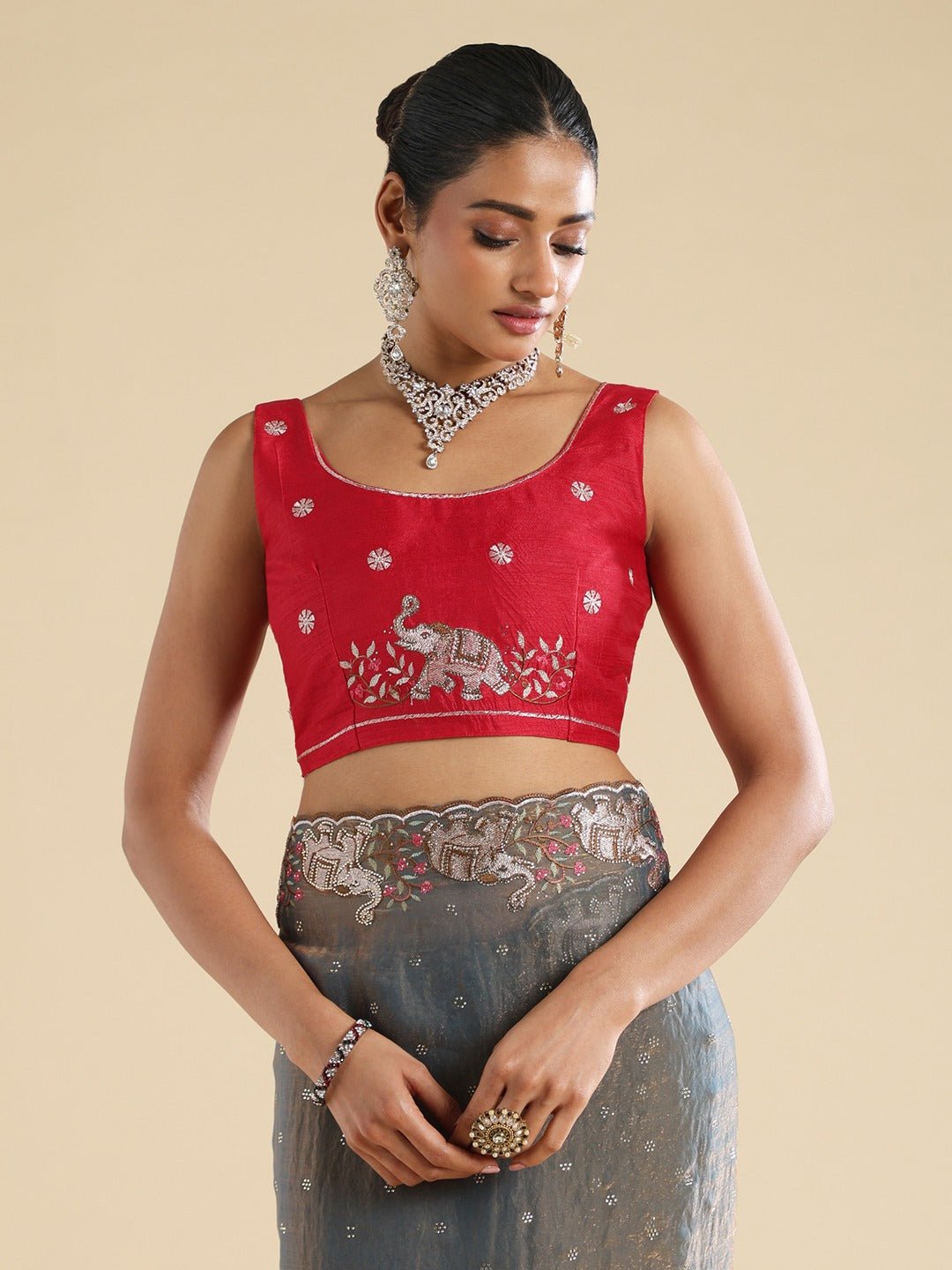 Metallic Grey Rose Gold Satin Dupion Silk Saree - Ressa