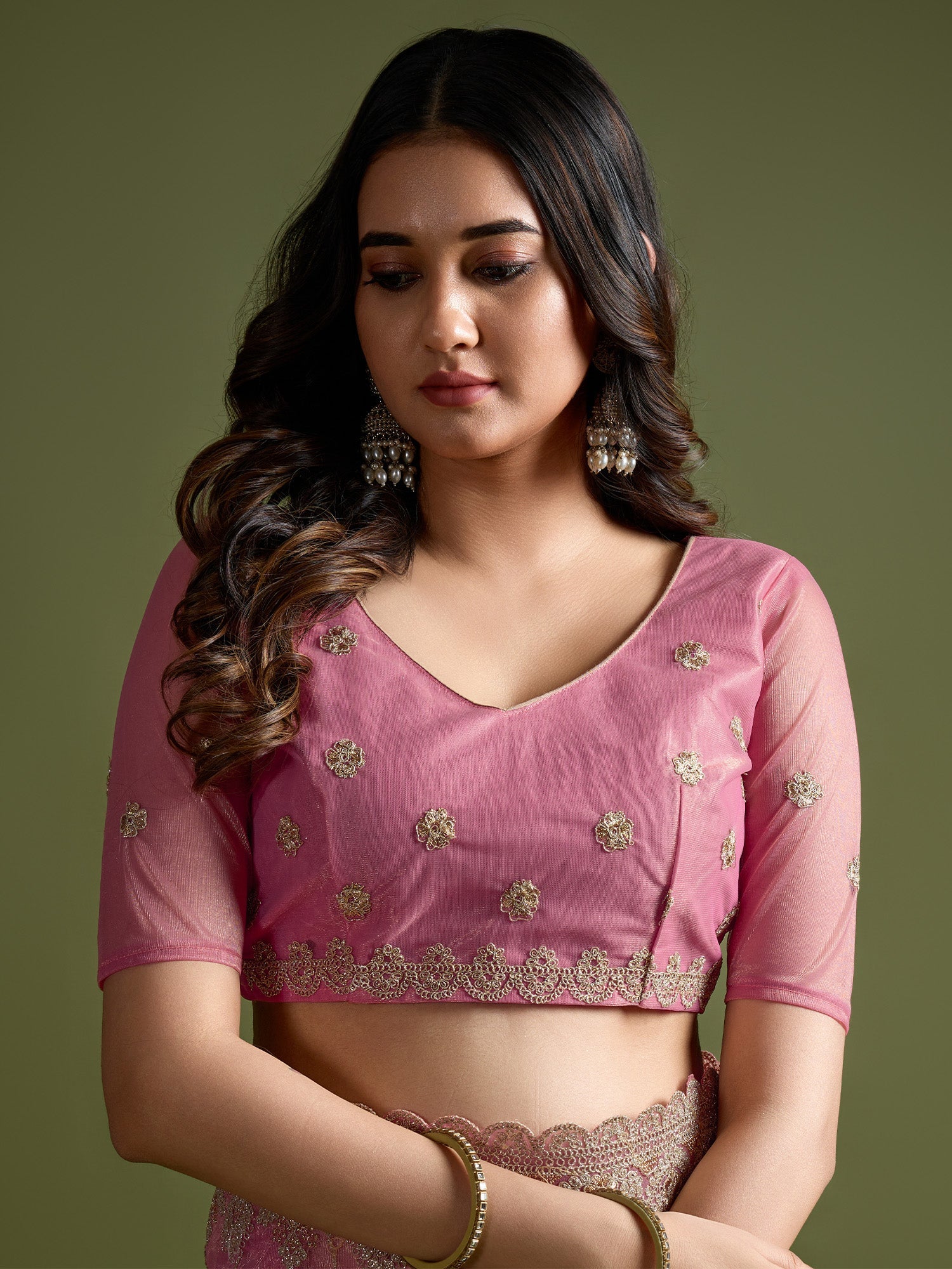 Metallic Pink Super Net Embroidered Saree - Ressa