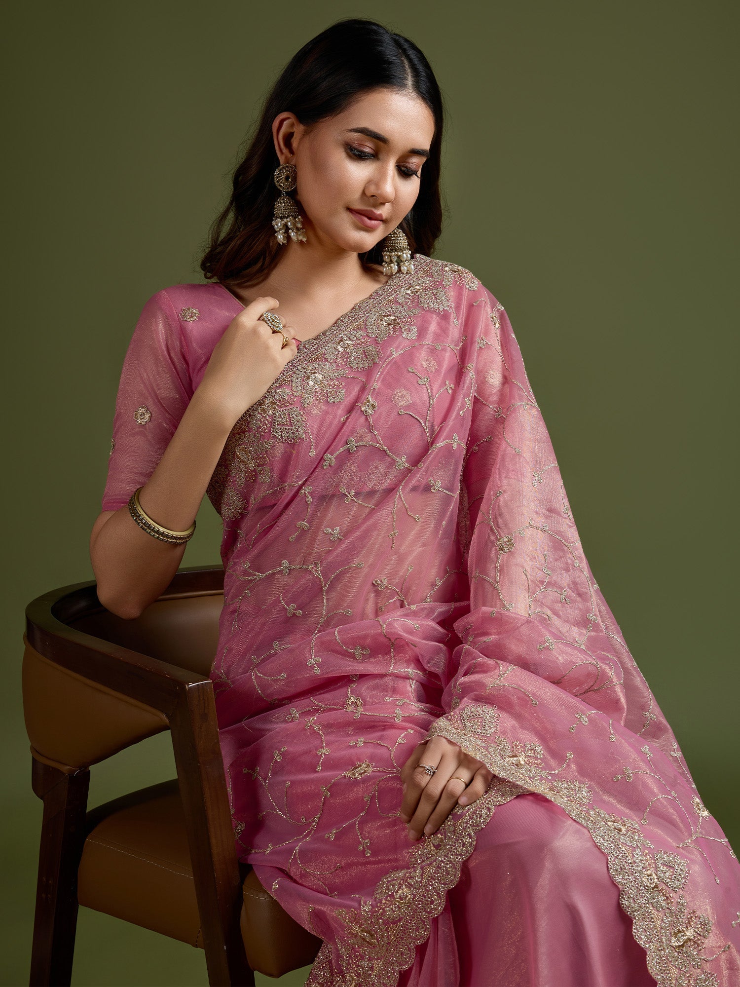 Metallic Pink Super Net Embroidered Saree - Ressa