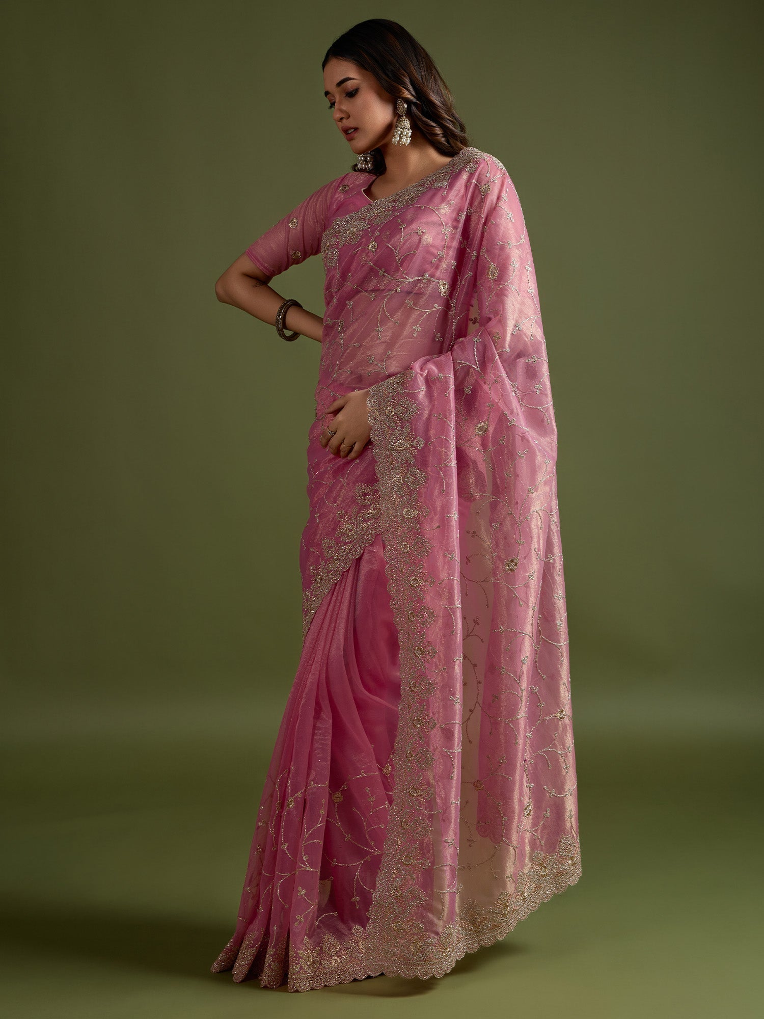 Metallic Pink Super Net Embroidered Saree - Ressa