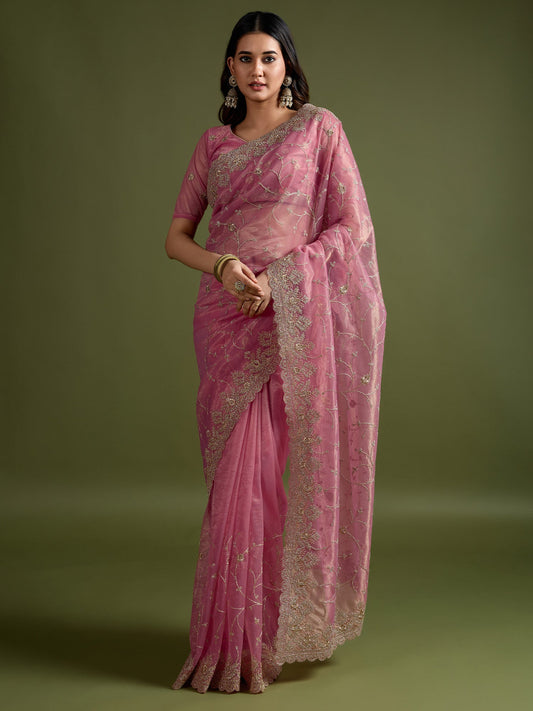 Metallic Pink Super Net Embroidered Saree - Ressa