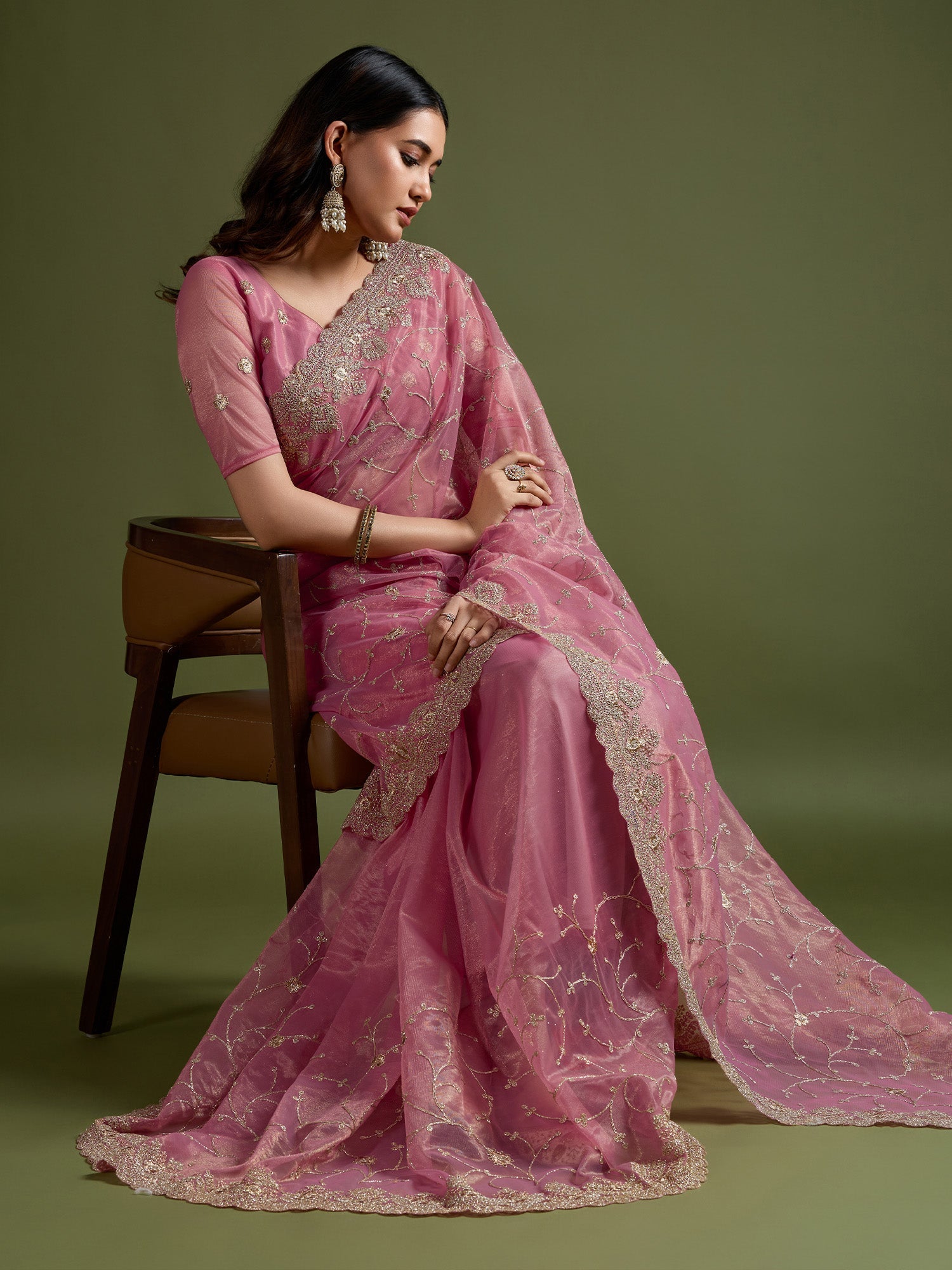 Metallic Pink Super Net Embroidered Saree - Ressa