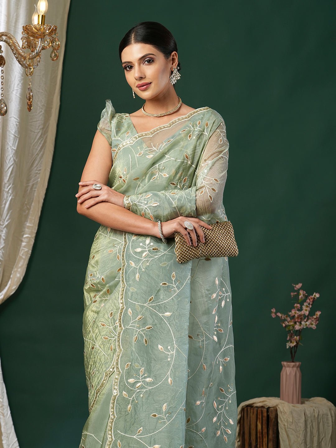 Metallic Sea Green Tissue Embroidered Saree - Ressa