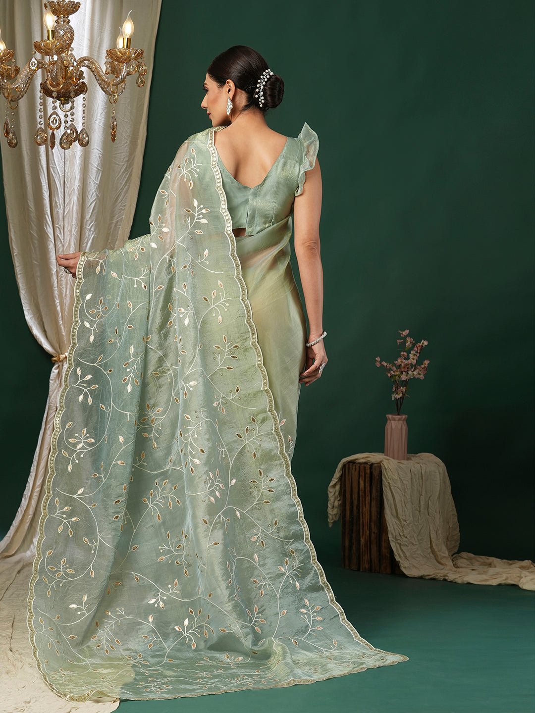Metallic Sea Green Tissue Embroidered Saree - Ressa