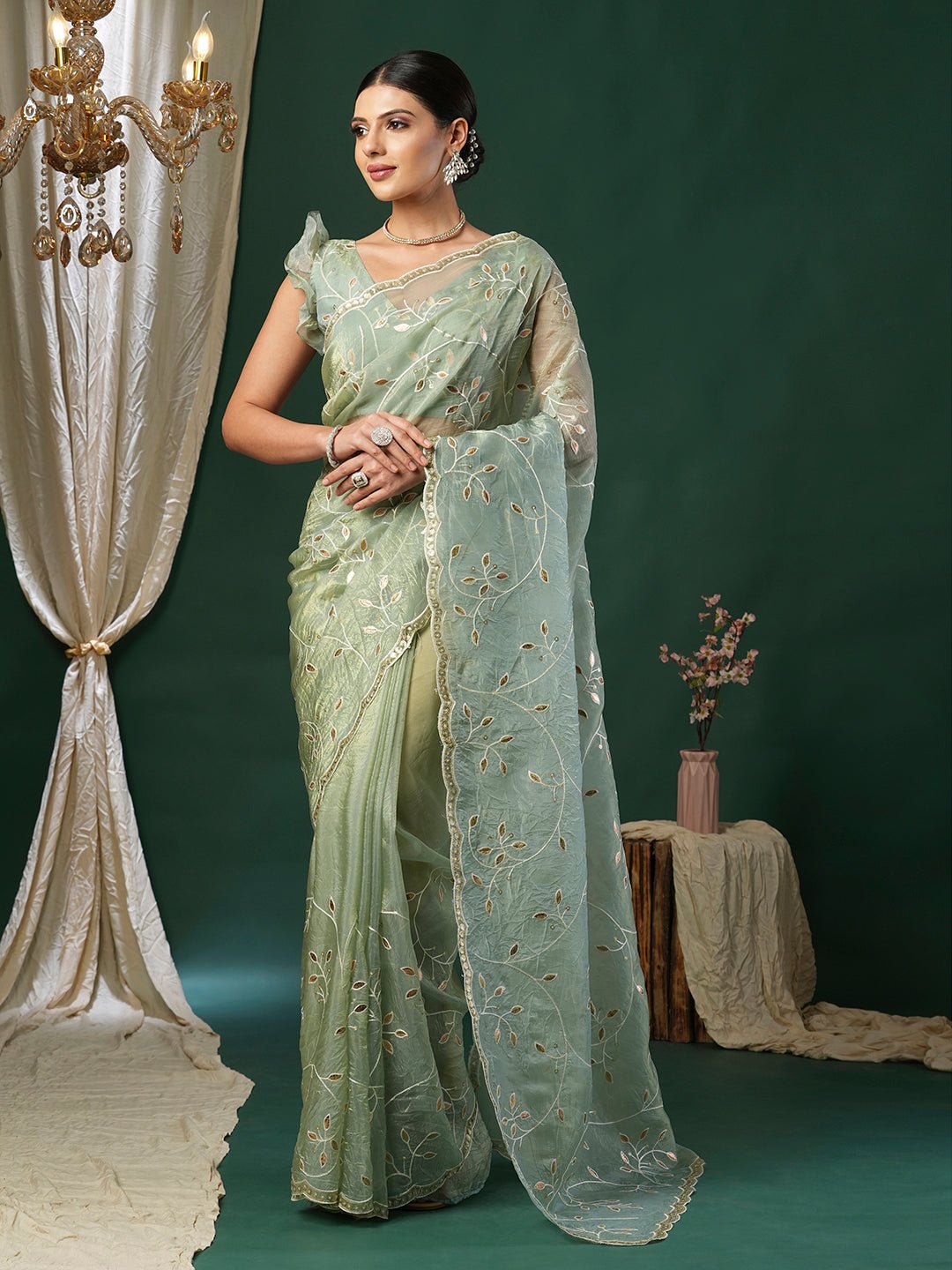 Metallic Sea Green Tissue Embroidered Saree - Ressa