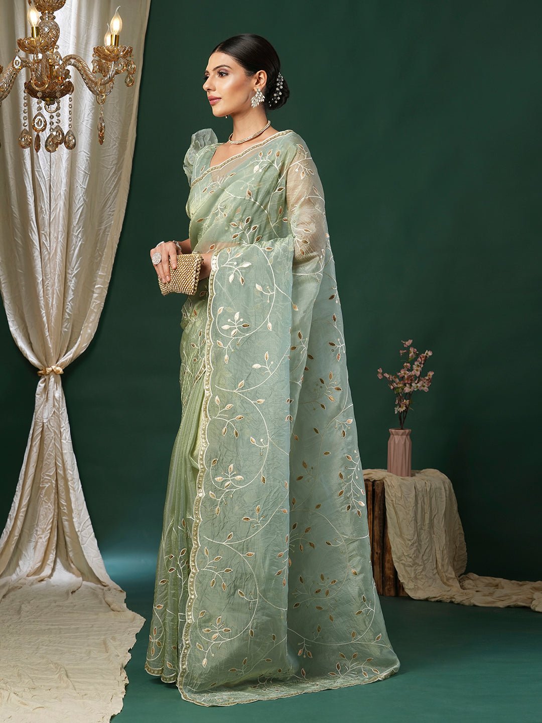 Metallic Sea Green Tissue Embroidered Saree - Ressa