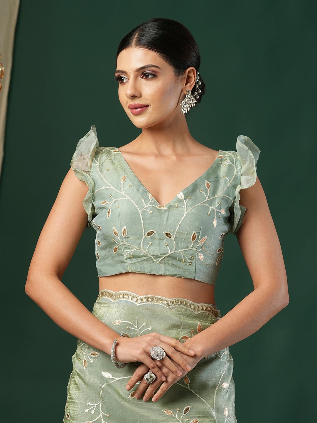 Metallic Sea Green Tissue Embroidered Saree - Ressa